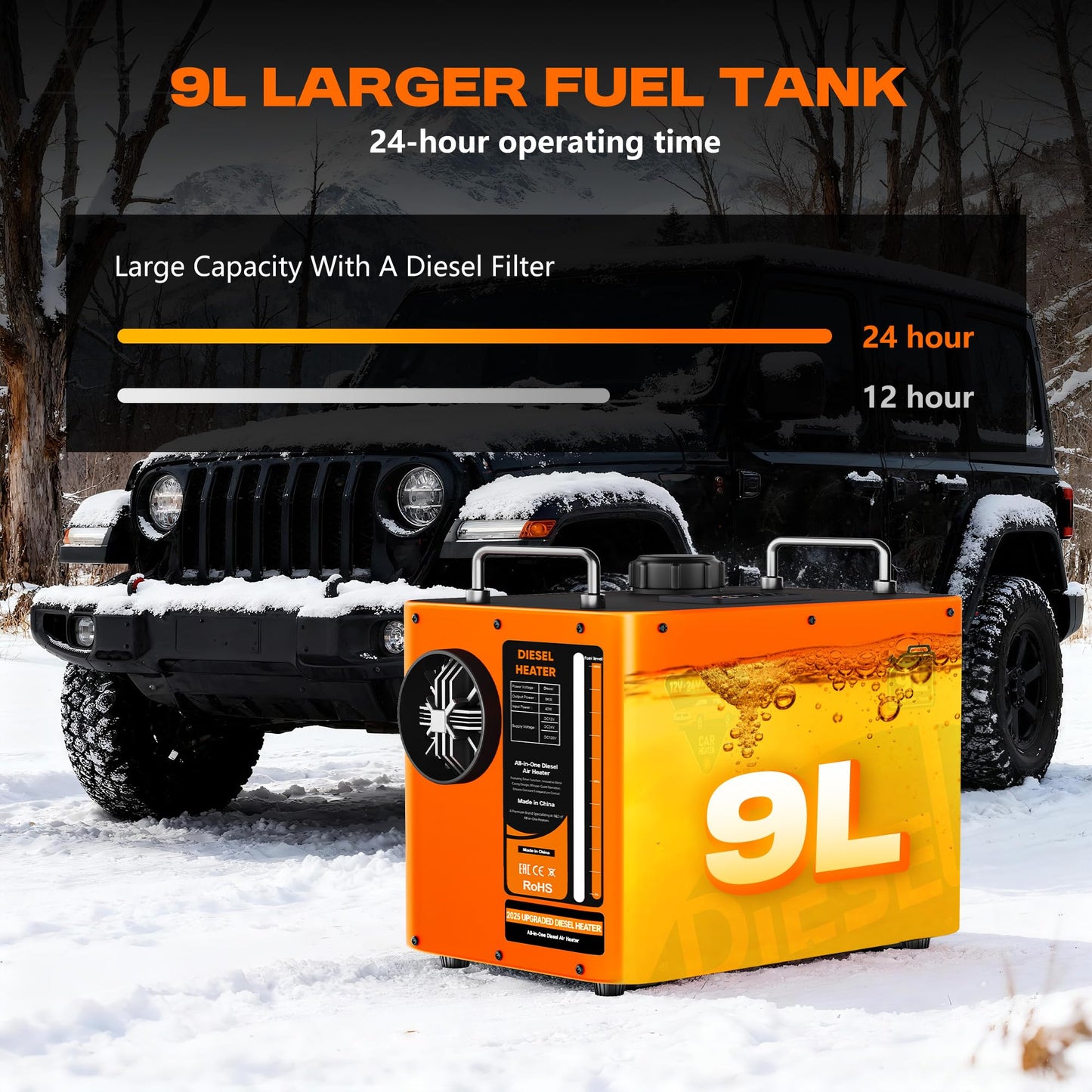 9L Large Diesel Heater, 8KW 240V/110V/12V/24V All in One Diesel Air Heater with LCD Switch, Remote Control, Suitable for Truck, RV, Home, Car, Campers, Boat, Orange