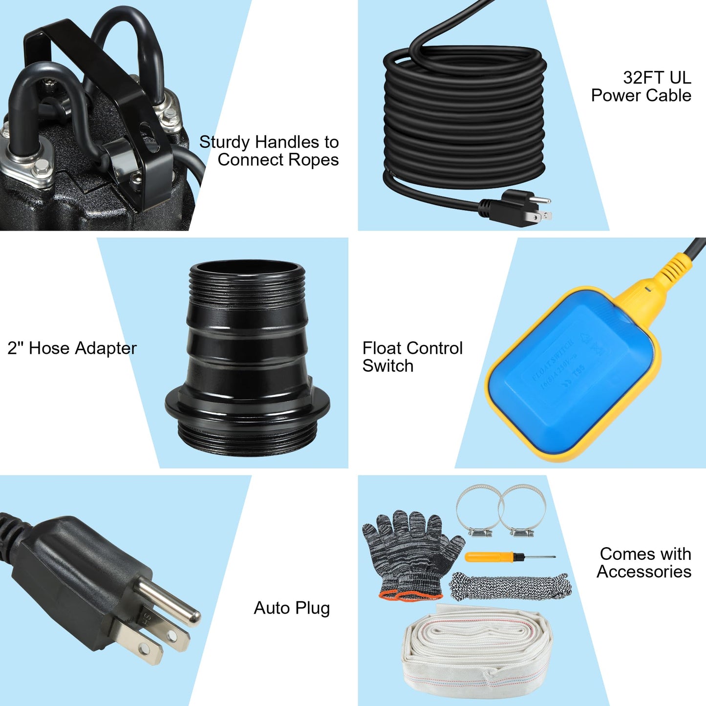 Sewage Grinder Pump, 1HP Submersible Sump Pump, 110V 6400GPH Cast Iron Effluent Pumps with Automatic Float Switch, 2'' NPT Discharge for Basement, Residential Sewage, Sump Basin