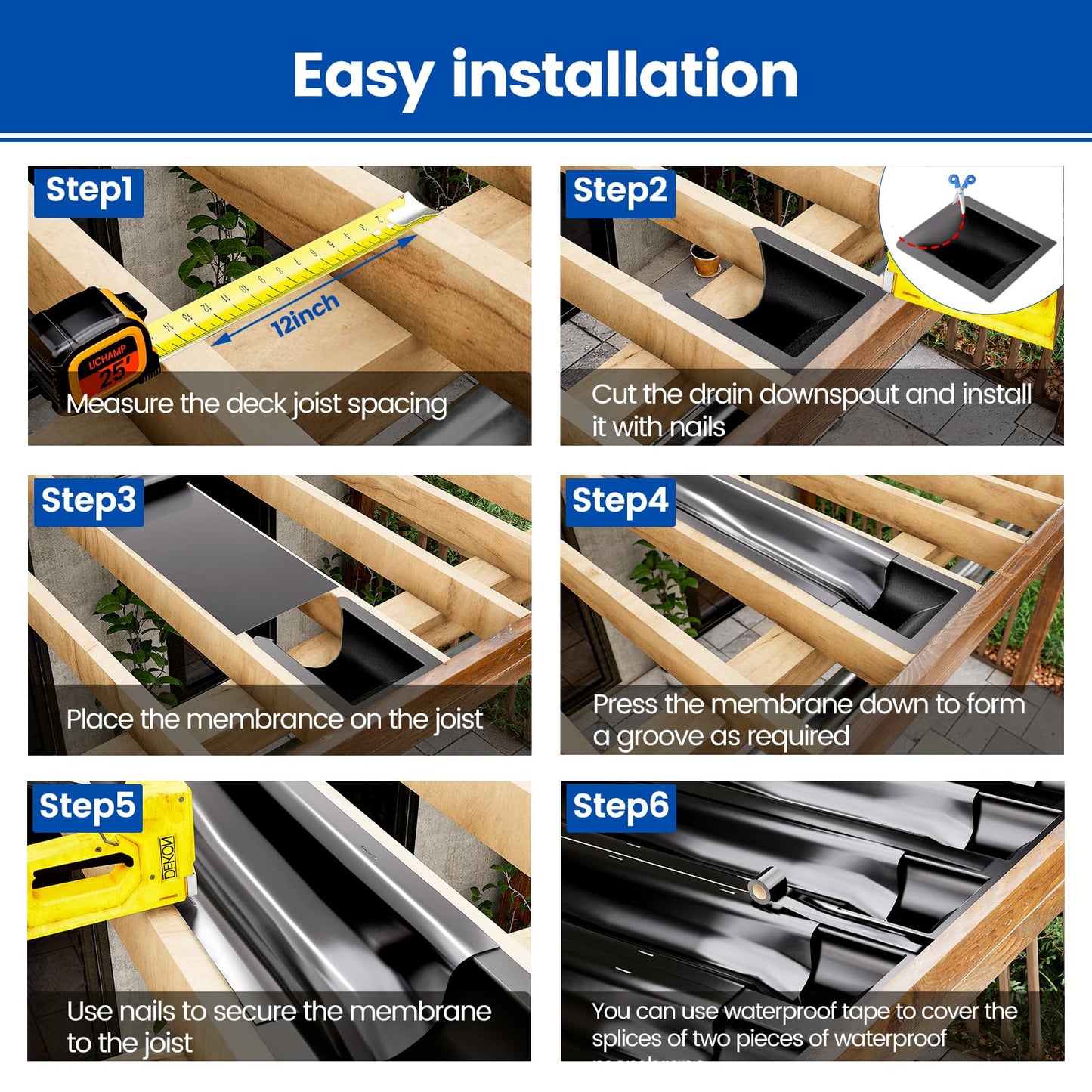 Muzata 12PCS Black Under Deck Drainage System Downspout PE Easy Installation Rain Drain for 12"/16" Joist Spacing M078