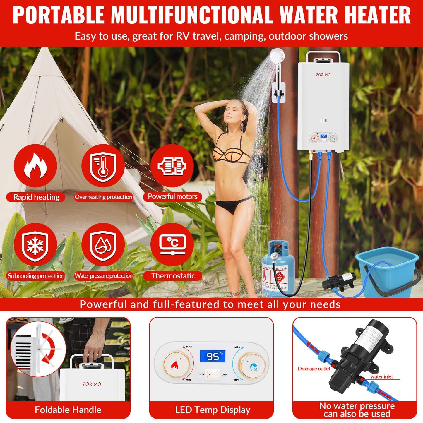 Tankless Water Heater Propane,3.18GPM 12L Outdoor Portable water heater,with 2 GPM Water Pump, with Digital Display Multi-Protection for Camping Trips
