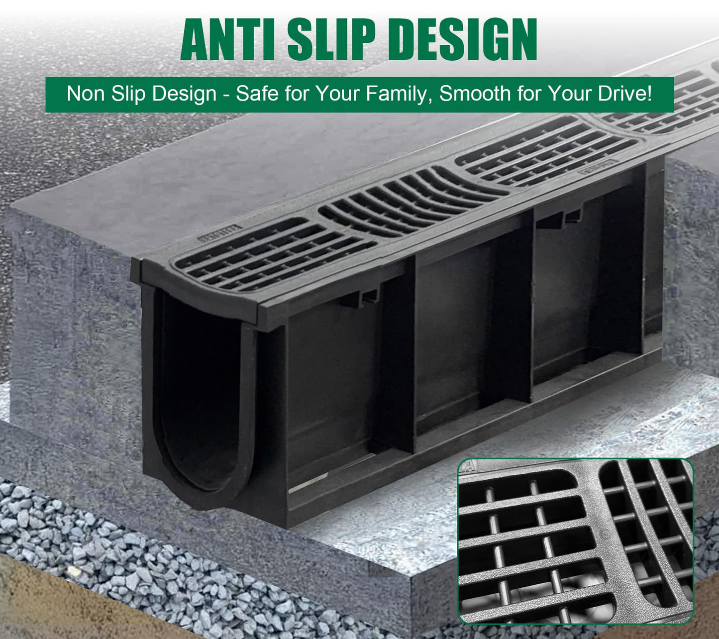 Natotela Driveway Channel Drain with HDPE Grate-39.4x6.3x7.8in Deep Profile Trench Drain System for Garage,4 Pack Total Length 157.5in,Heavy Duty Trench Drain for Parking Lot,Concrete