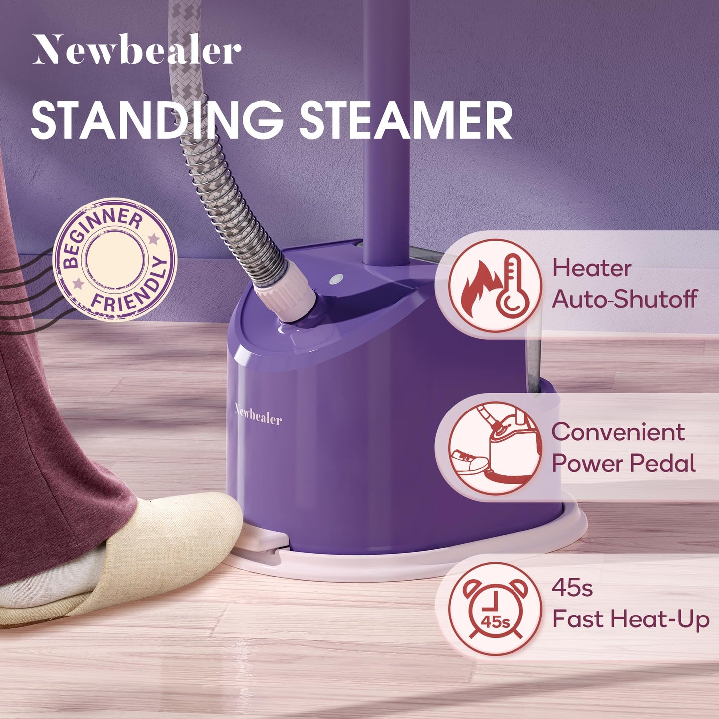 Newbealer Standing Garment Steamer - 1500W Full-Size Vertical Clothes Steamer with Foot Pedal, 57.5oz (1.7L) Large Water Tank, 45s Fast Heat-Up, 50-Min Powerful Steaming, Auto-Off (Purple)