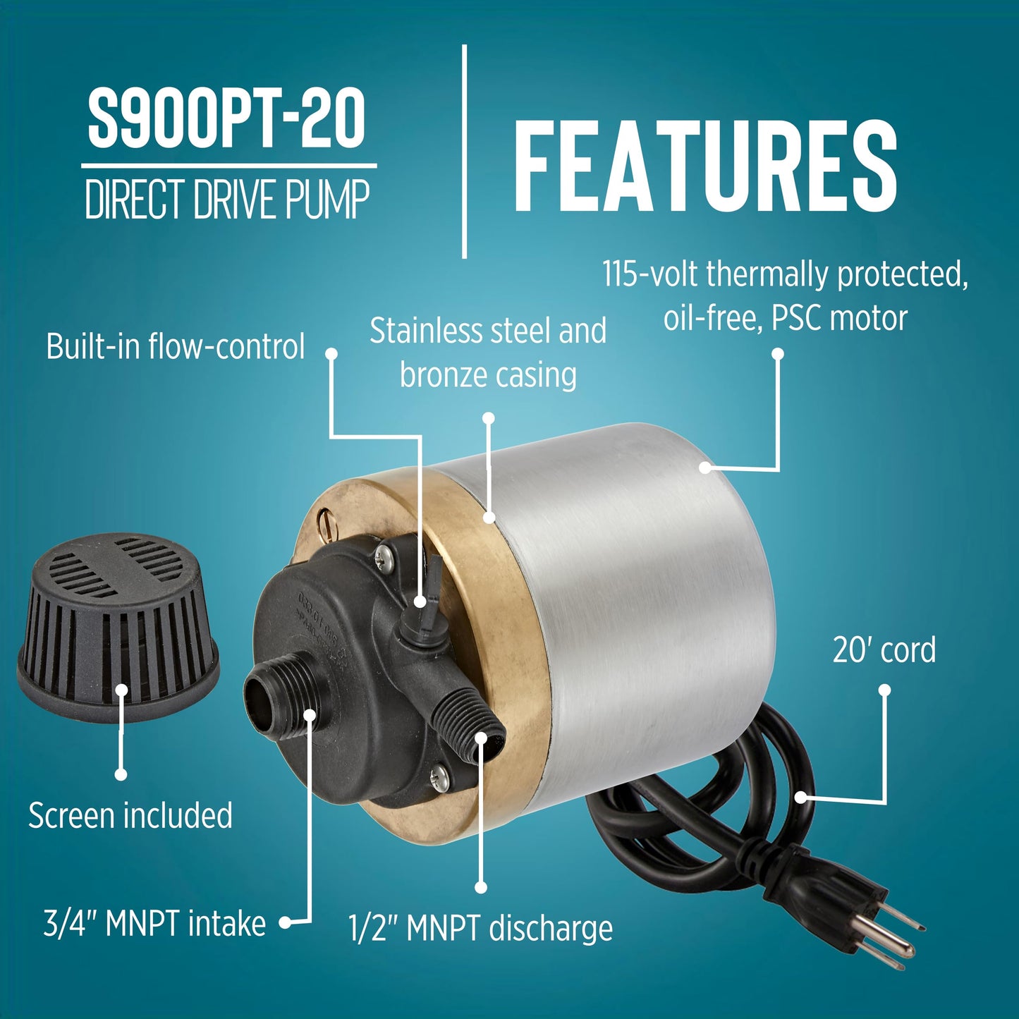 Little Giant S900PT-20 115 Volt, 795 GPH Oil-less Stainless Steel and Bronze Direct Drive Pump for Fresh or Salt Water Ponds or Fountains, Steel, 517100003