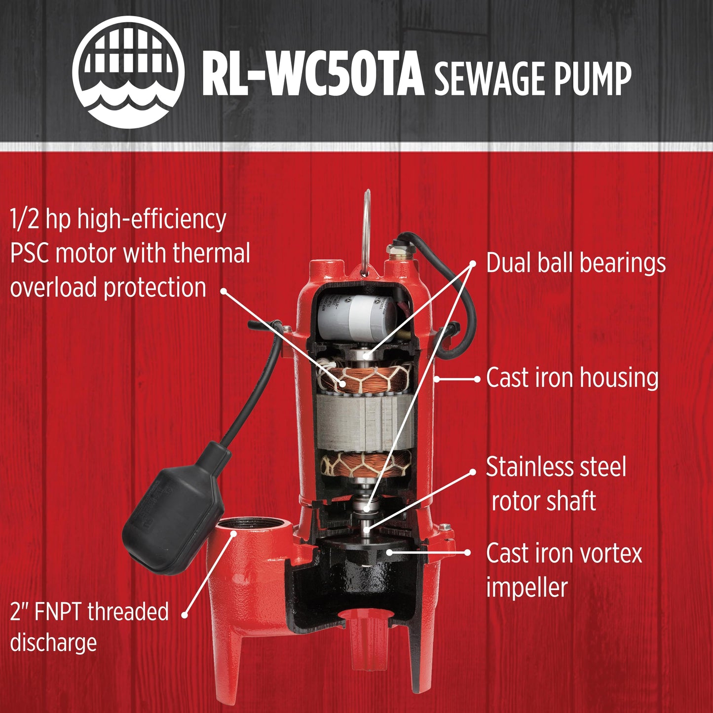 Red Lion RL-WC50TA 115 Volt, 1/2 HP, 5600 GPH Cast Iron Sewage Pump with Tethered Switch and 10-Ft. Cord, Red, 14942748