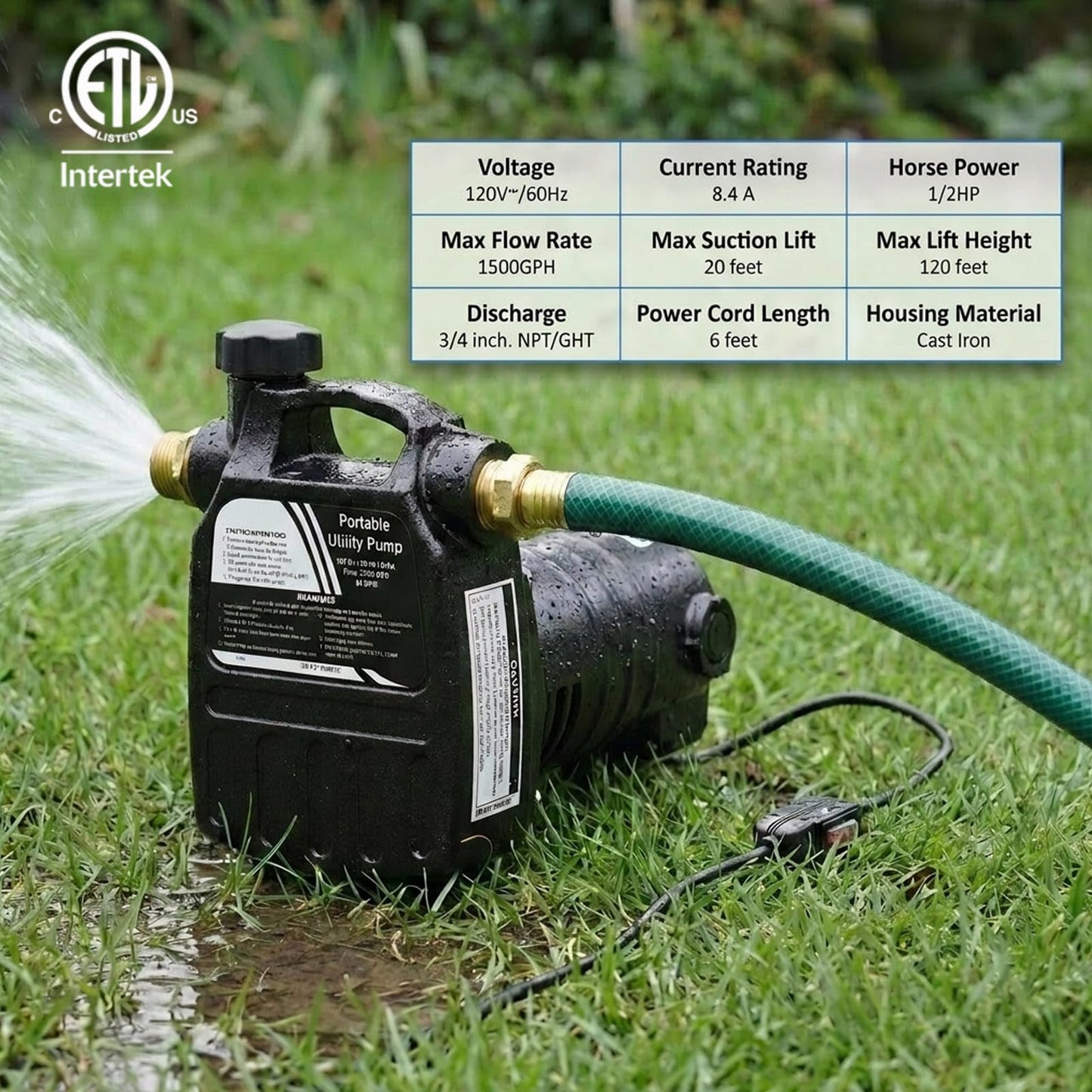 TOPWAY Cast Iron Water Transfer Pump, 115V 1/2HP 1500 GPH Portable High Pressure Electric Utility Water Pump with ON/OFF Switch, for Garden, Rain Barrel, Pool, Pond, Hot Tub, Aquarium Draining