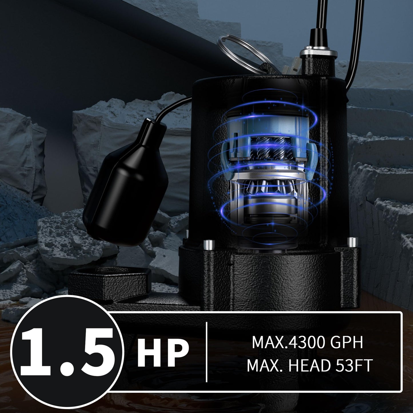 LANCHEZ 1.5 HP 53FT Submersible Sewage Pump, 4300 GPH Heavy Duty Cast Iron Effluent Pump with Automatic Tethered Float Switch, Sump Pump for Sump Basin, Basement, Residential, 2" NPT Discharge, Black