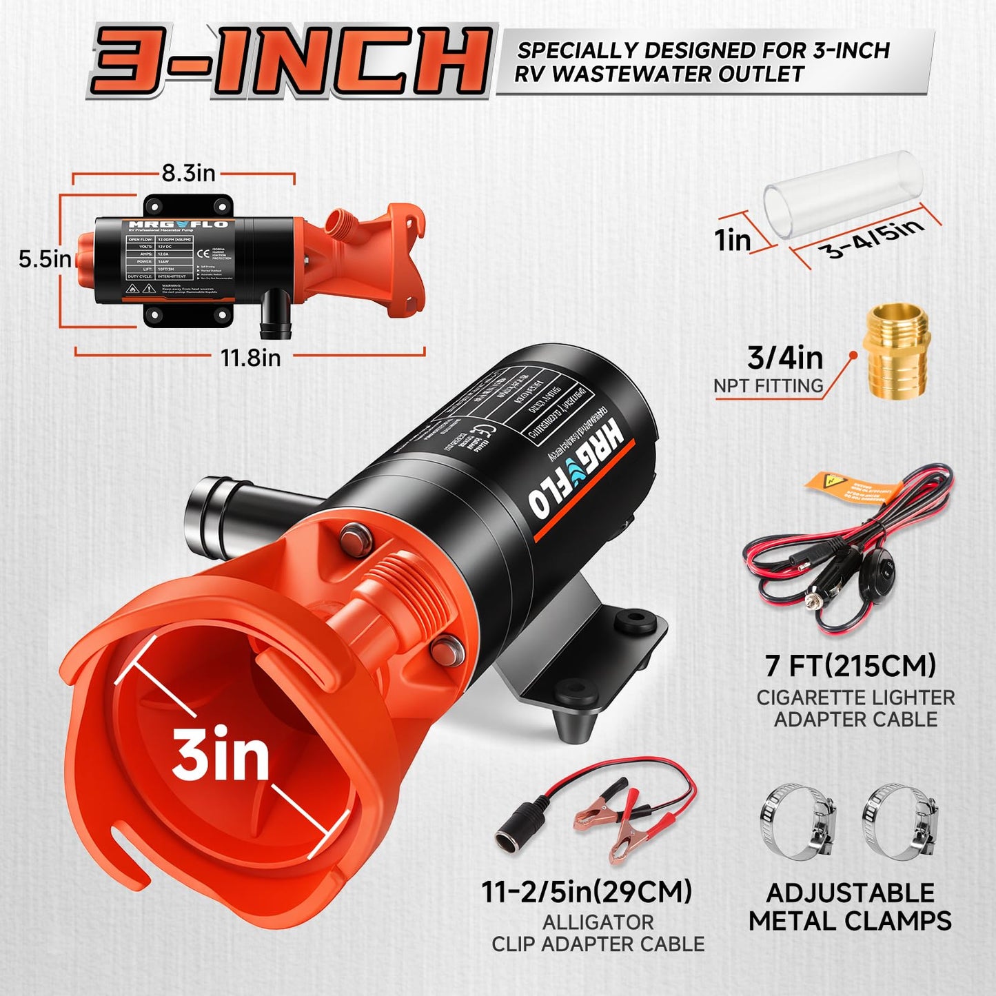 12V RV Portable Macerator Waste Pump for Sewage,12GPM Suction 3.2 feet Lift 10 feet with Garden Hose Discharge Port,Quick Release Sewage Pump with Fresh Water Rinse and Automatic Crushing Function