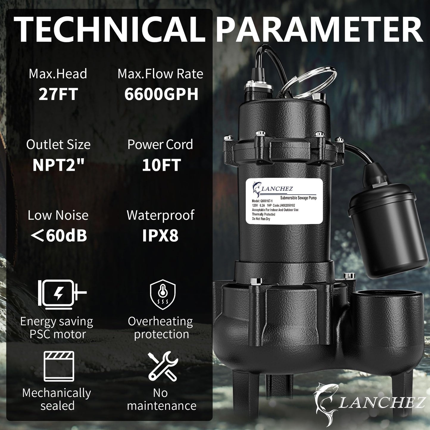 LANCHEZ 1HP 6600 GPH Submersible Sewage Pump, Heavy Duty Cast Iron Effluent Pump with Automatic Tethered Float Switch, Sump Pump for Sump Basin, Basement, Residential, 2" NPT Discharge