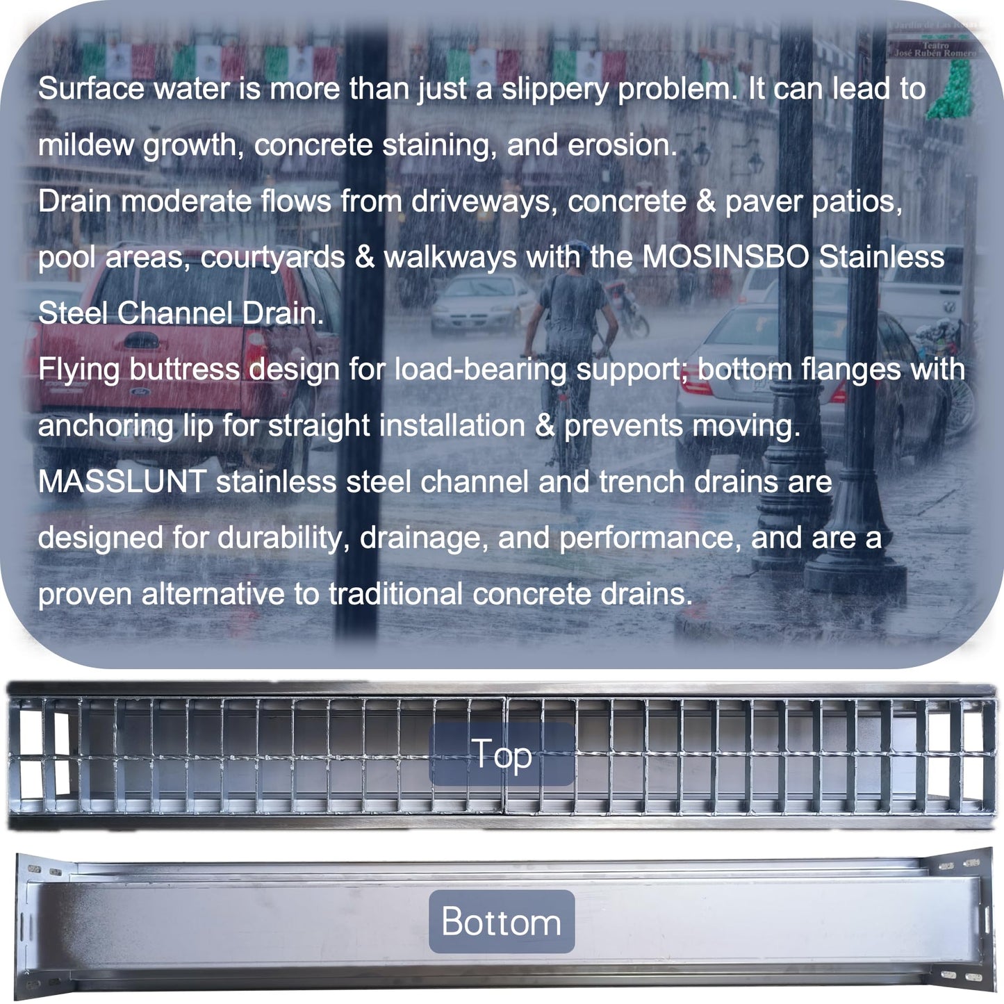 TIANYAMAI 304 Stainless Steel Channel Drain with Galvanized Steel Grate 39.4x5.9x5.5 in, B-Class 28100 lbs Heavy-Duty Drain Kit for 3" Pipe, Trench Drainage System for Outdoor, Driveway, Garage 2pcs