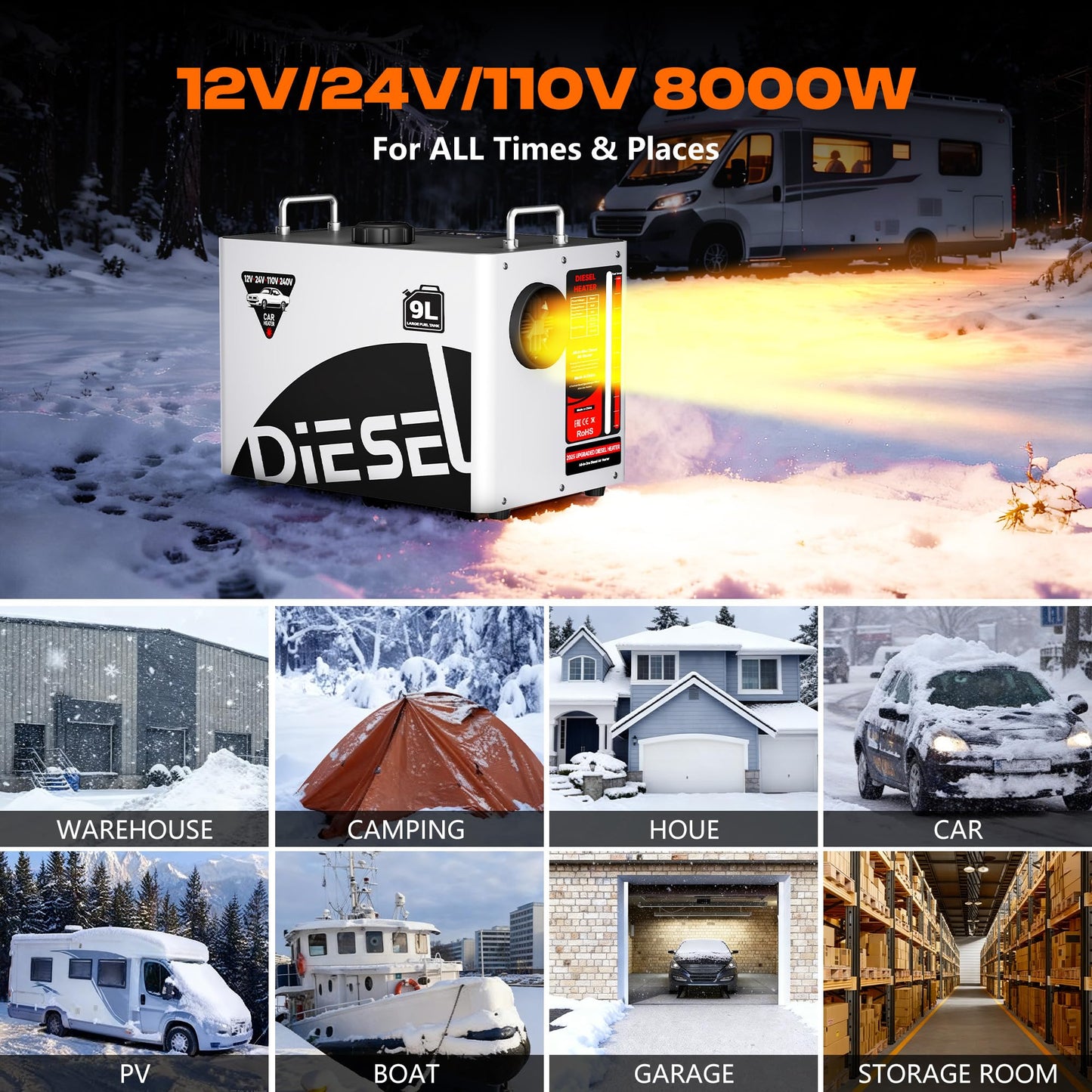9L Large Diesel Heater, 8KW 240V/110V/12V/24V All in One Diesel Air Heater with LCD Switch, Remote Control, Suitable for Truck, RV, Home, Car, Campers, Boat, White