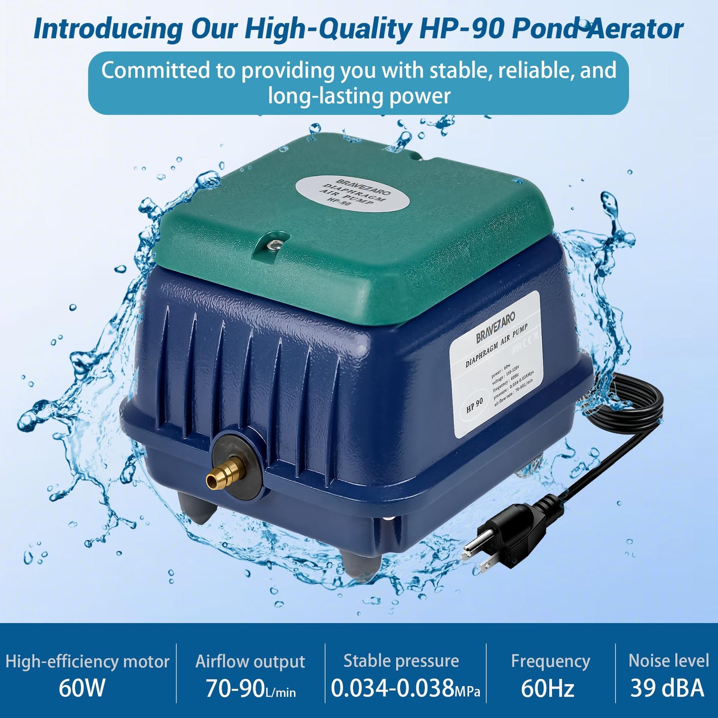 Upgraded HP-90 Pond Aerator/Septic Tank Linear Air Pump, Powerful 1350GPH Aeration System, Linear Air Pump for Oxygenation, for Koi Ponds/Aquariums/Wastewater Treatment/Fish Farms/Seafood Restaurants
