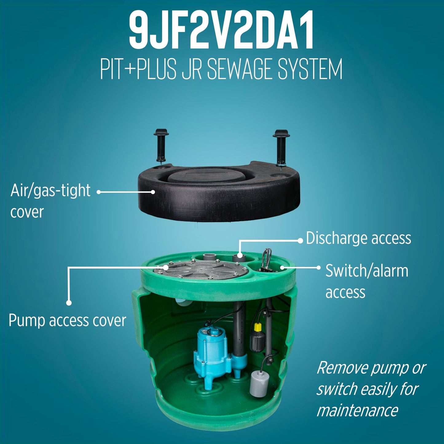 Little Giant 9JF2V2DA1 Pit Plus JR Sewage Basin System with 115V, 4/10 hp, 6000 gph 9SC-CIM Sewage Pump, Float Switch with 20-Ft. Cord, 2-In. Vent/Discharge,and Alarm, Green/Blue/Black, 509674