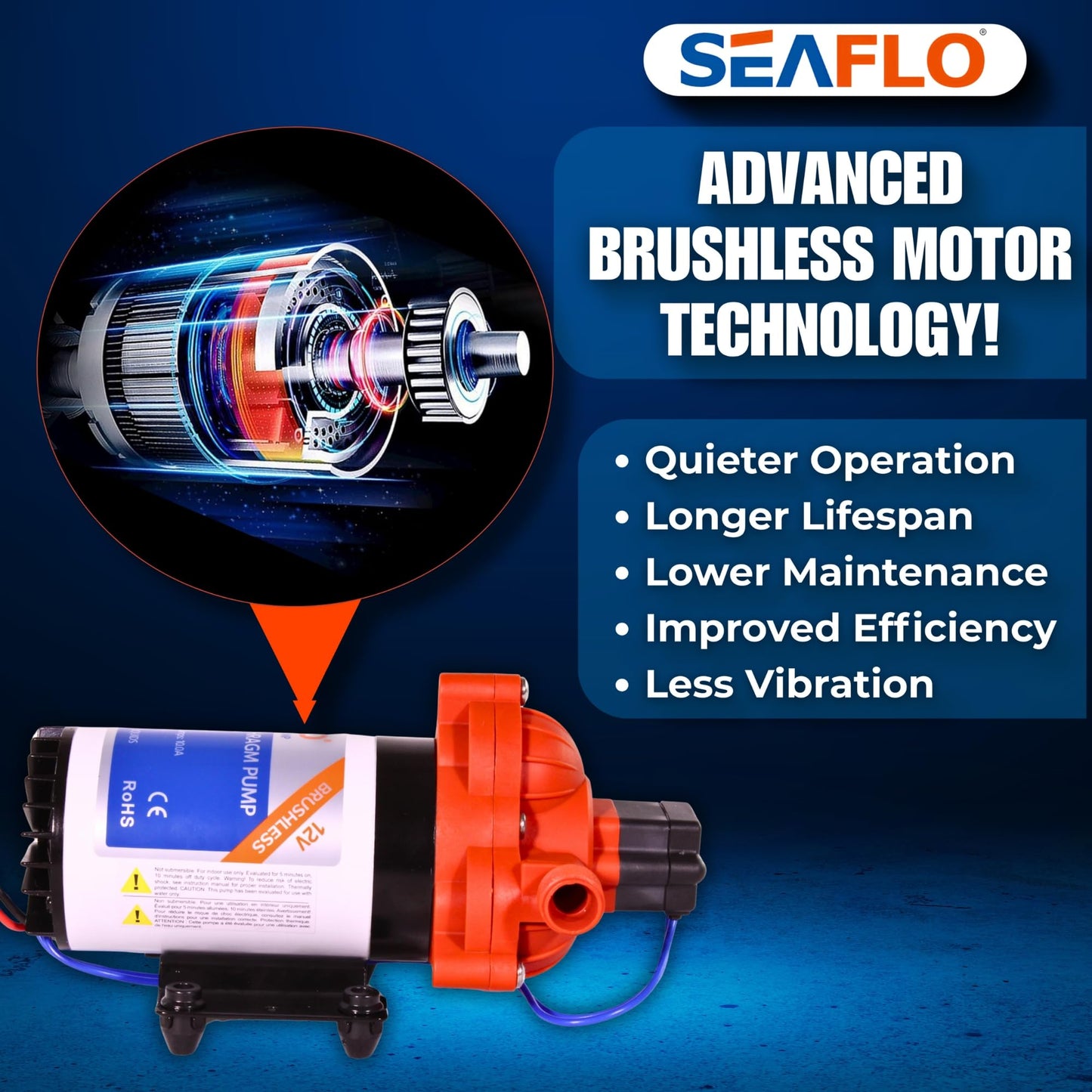 SEAFLO 33W Series 12V DC Brushless Automatic Demand Diaphragm Water Pressure Pump, 3.0 GPM, 45 PSI, Ultra Quiet Operation, Self-Priming, Overload Protection, NSF & UL Certified, 4 Year Warranty