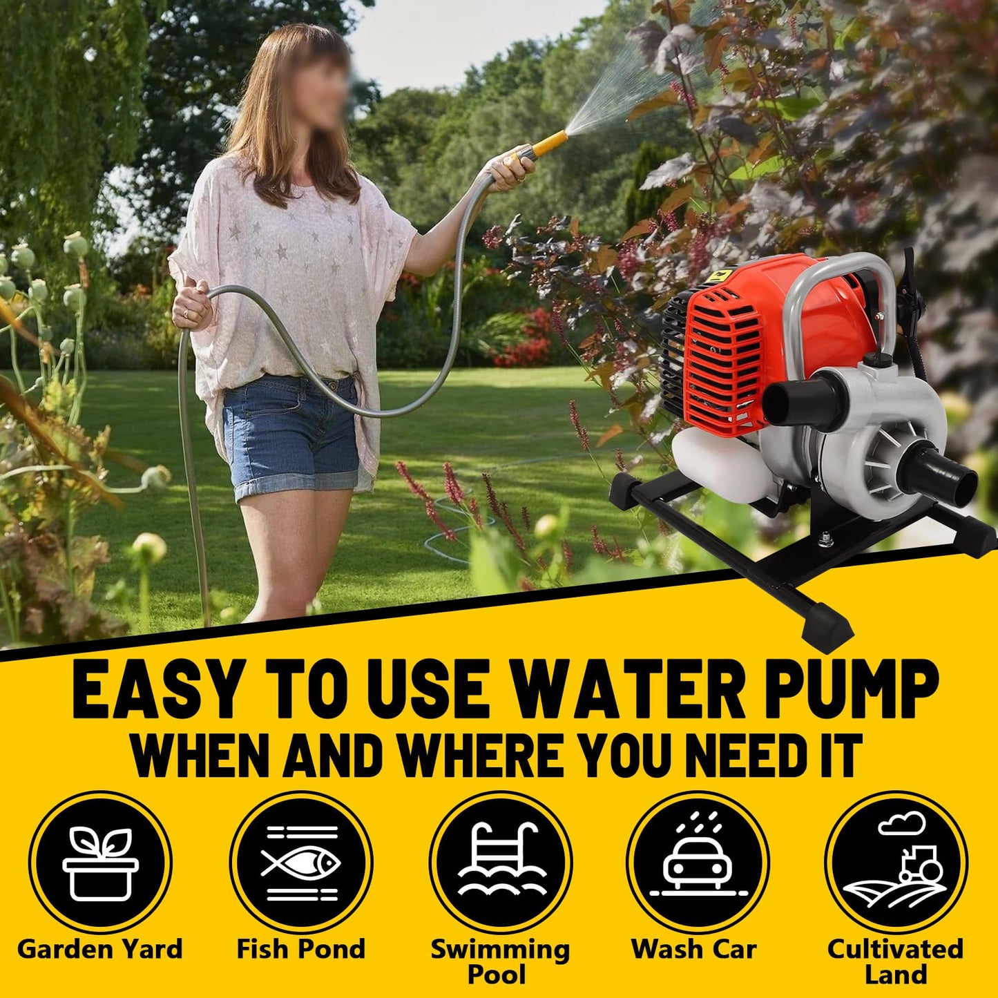 DEVALLEY Gas Water Pump 1.5 Inch 4 Stroke,31cc Gas Powered High Pressure Pump 98ft Lift And 23ft Suction,Trash Water Pump Irrigation Pump For Farmland Garden