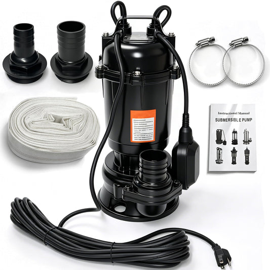 2HP 110V Submersible Sewage Grinder Pump W/Blades Cast Iron Effluent Pump w/Auto Float Switch and 66ft Hose for Basement Sump Basin and Sewage Well, 2'' NPT Discharge