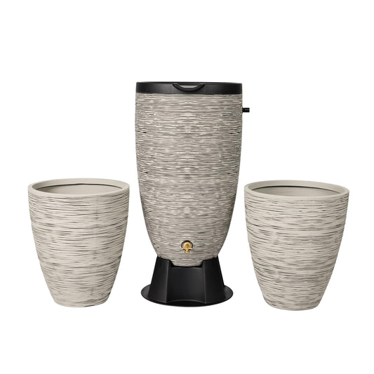 Newport 50‑Gallon Flat‑Back Rain Barrel with Stand & Planter Bundle – Slate | Removable Lid, UV-Stabilized Outdoor Water Storage