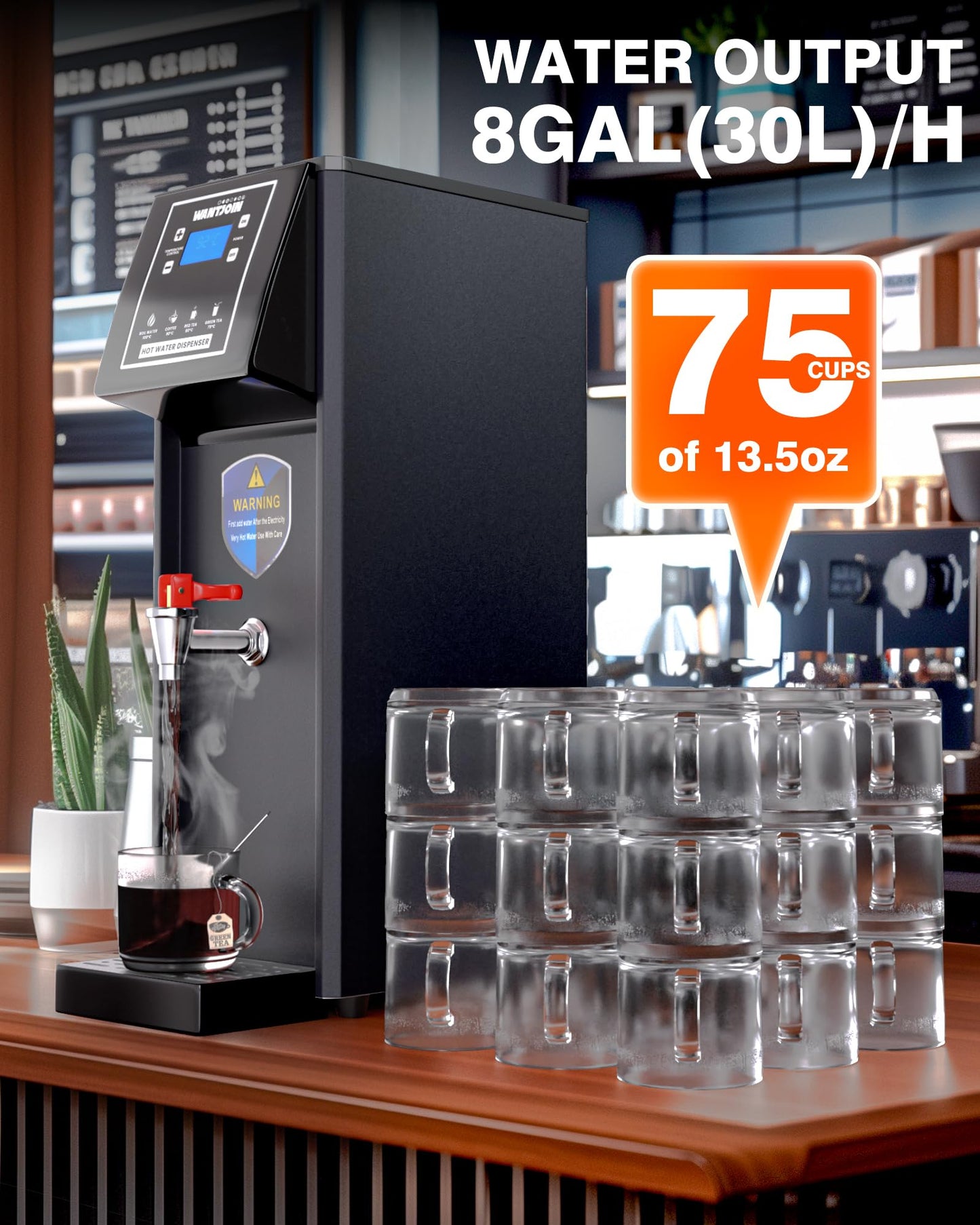 WantJoin commercial hot water dispenser - Electric Water Boiler 30L(7.9GAL)/Hour Adjustable Temperature Control 32°F - 198°F for Coffee Boba Tea Shop Office, 1600W