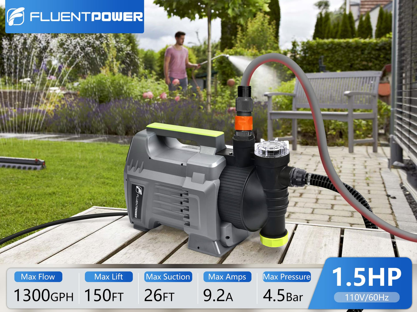 FLUENTPOWER 1.5HP Automatic Garden Booster Pump with Integrated Prefilter, 1300GPH, Lift 150FT, Portable Shallow Well Jet Pump, Water Transfer Draining Pump for Home Garden Lawn Sprinkler Irrigation