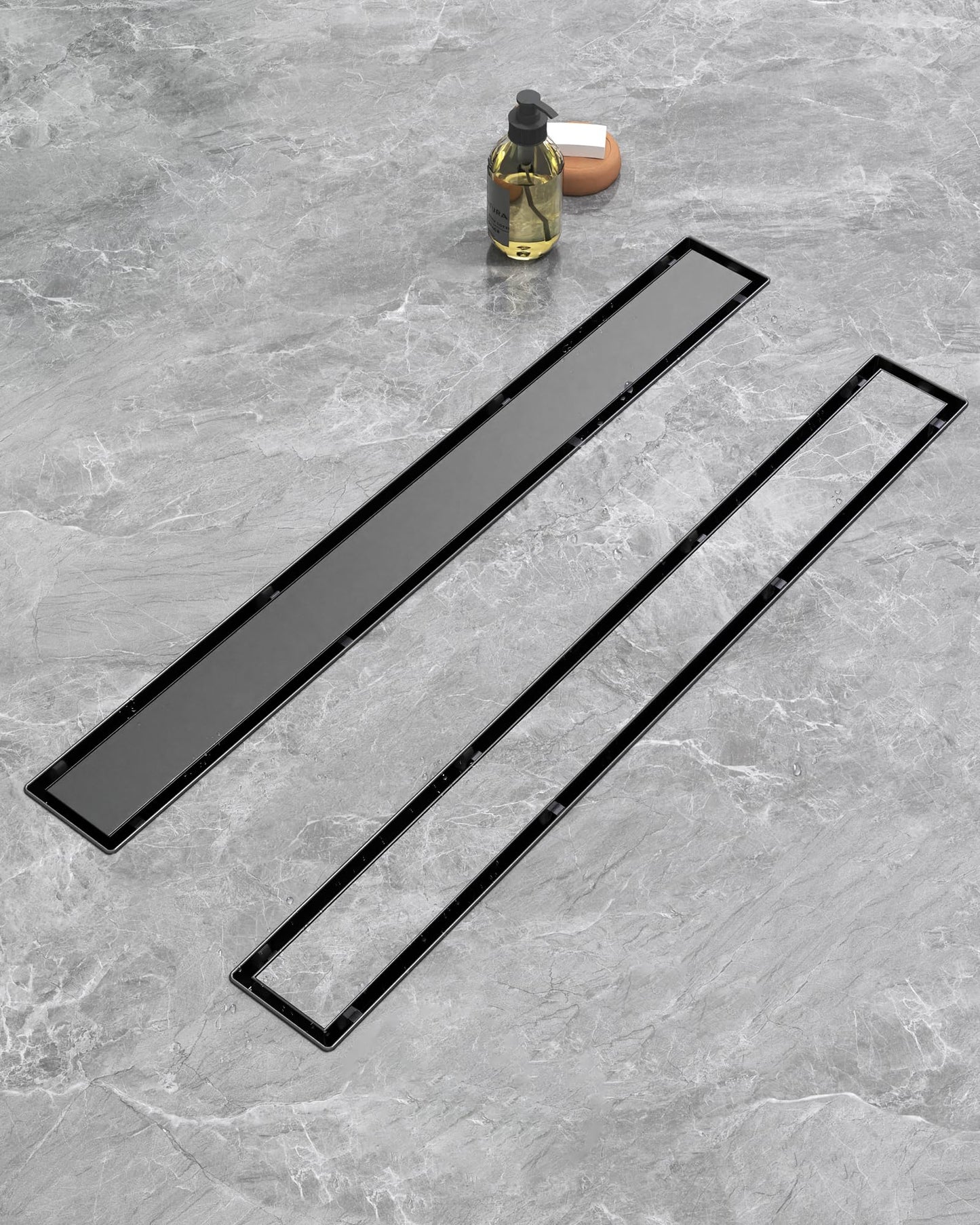 HTOH Shower Drain Offset Outlet for Bathroom: 48-Inch Black Linear Shower Drain with Removable Tile Insert Grate - 304 Stainless Steel Rectangular Shower Floor Drain Side Outlet with Hair Catcher