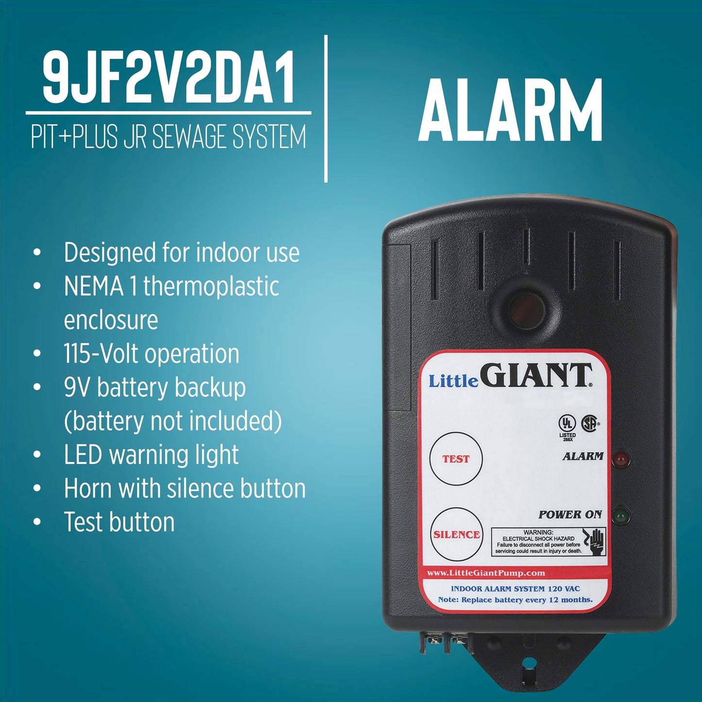 Little Giant 9JF2V2DA1 Pit Plus JR Sewage Basin System with 115V, 4/10 hp, 6000 gph 9SC-CIM Sewage Pump, Float Switch with 20-Ft. Cord, 2-In. Vent/Discharge,and Alarm, Green/Blue/Black, 509674
