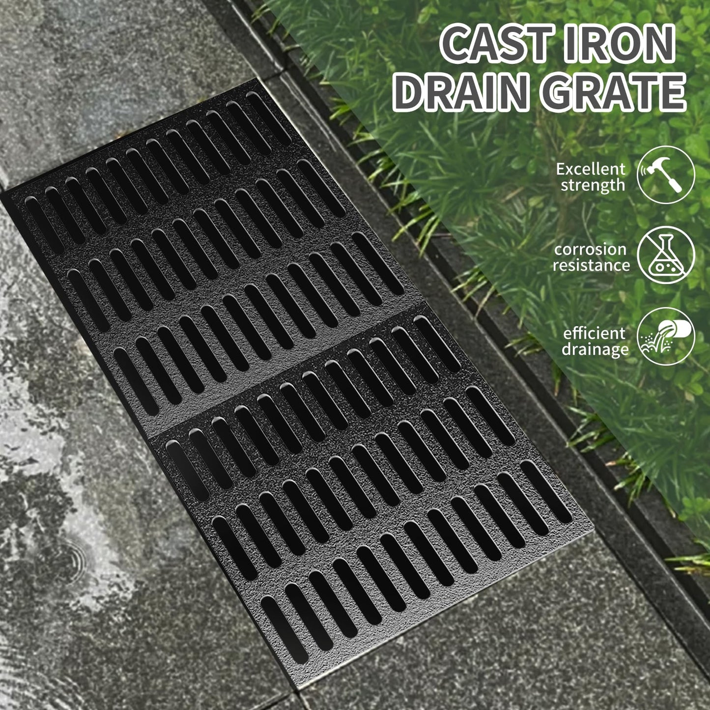 Cast Iron Drain Grate, 24 * 24in Heavy Duty Outdoor Drain Cover, B125 Class Channel Grate, Metal Sewer Grate, Black Square Drainage Grate for Concrete Floor, Yard, Driveway & Garage.