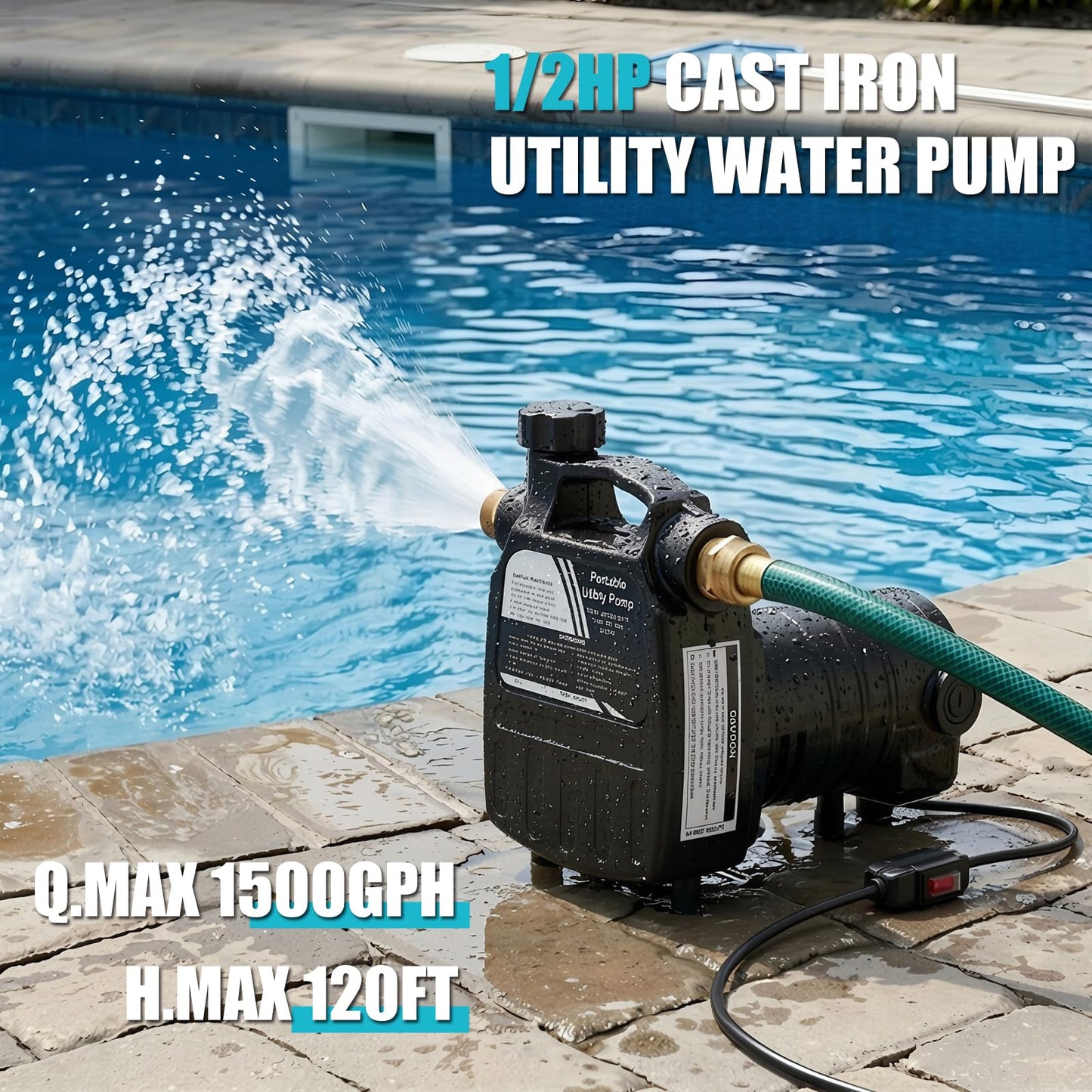TOPWAY Cast Iron Water Transfer Pump, 115V 1/2HP 1500 GPH Portable High Pressure Electric Utility Water Pump with ON/OFF Switch, for Garden, Rain Barrel, Pool, Pond, Hot Tub, Aquarium Draining