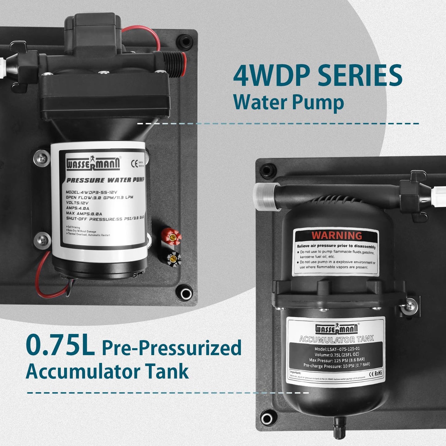 WASSERMANN 12V RV Water Pump and Accumulator Tank System, 3.0GPM 55PSI Self Priming Water Diaphragm Pump with 0.75L 10 PSI Pre-Pressurized Accumulator Tank, Pressure Switch, for Boat Garden RV Camping