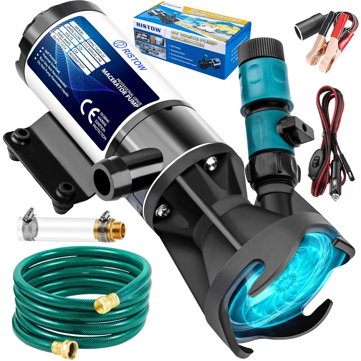 RV Macerator Pump 12V, 12GPM RV Waste Water Pump Self-Priming Sewer Pump with Garden Hose Discharge Port, Quick Release Sewage Pump with 10FT Tubing