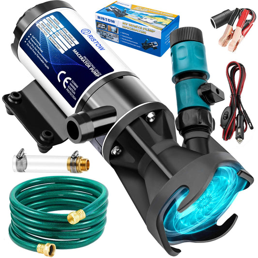 RV Macerator Pump 12V, 12GPM RV Waste Water Pump Self-Priming Sewer Pump with Garden Hose Discharge Port, Quick Release Sewage Pump with 10FT Tubing