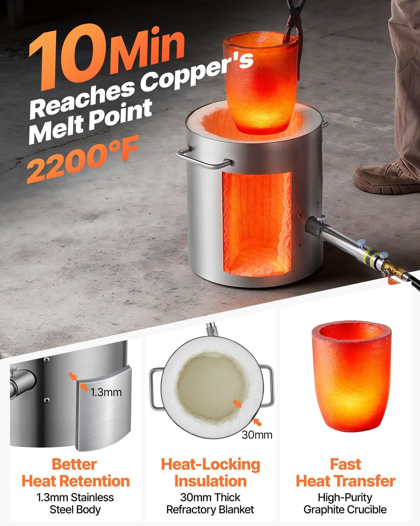 VEVOR 8KG Propane Melting Furnace Kit, Gas Metal Smelting Kit, Foundry Home Kiln with Crucible, Tongs, Wooden Handle, Forge Casting Tool for Gold Silver Copper Aluminum Metal Recycle