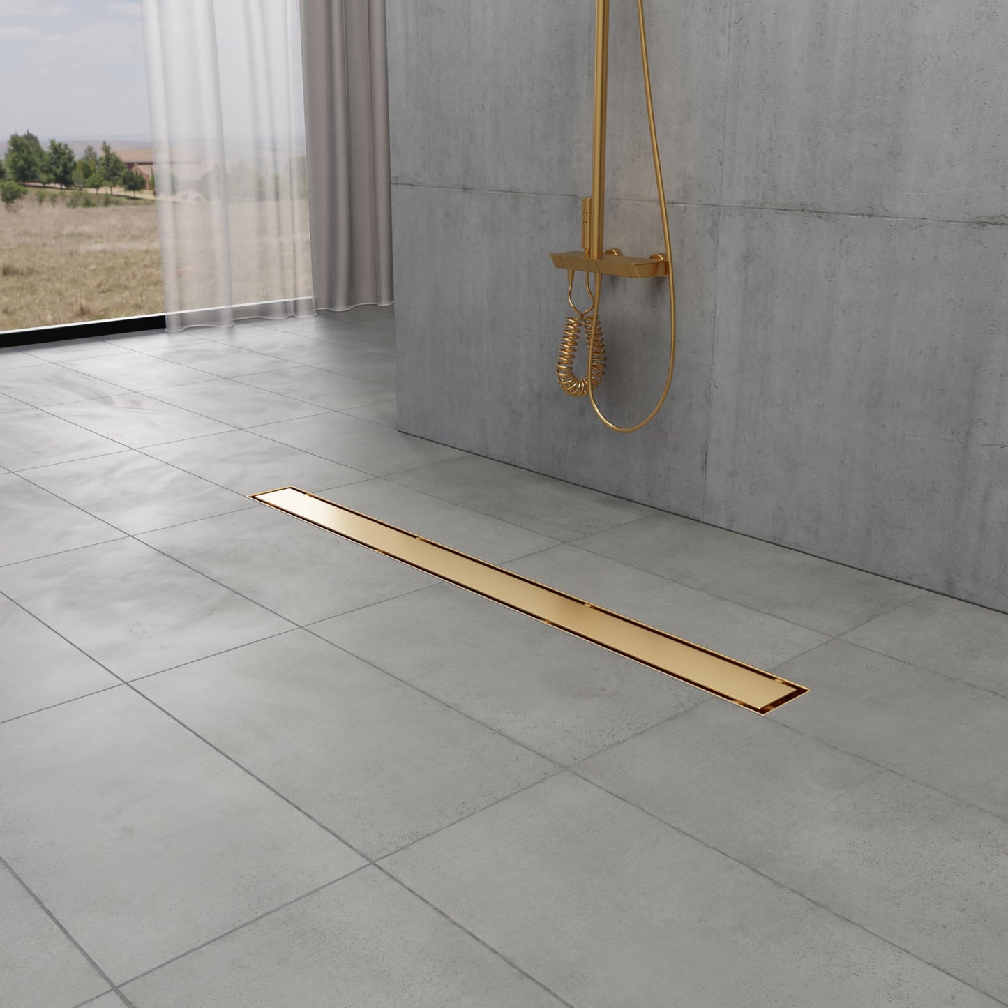 Kingston Brass BSF3227 Watercourse 32" Stainless Steel Linear Shower Drain with Reversible Tile Insert and Flat Grate, Brushed Brass