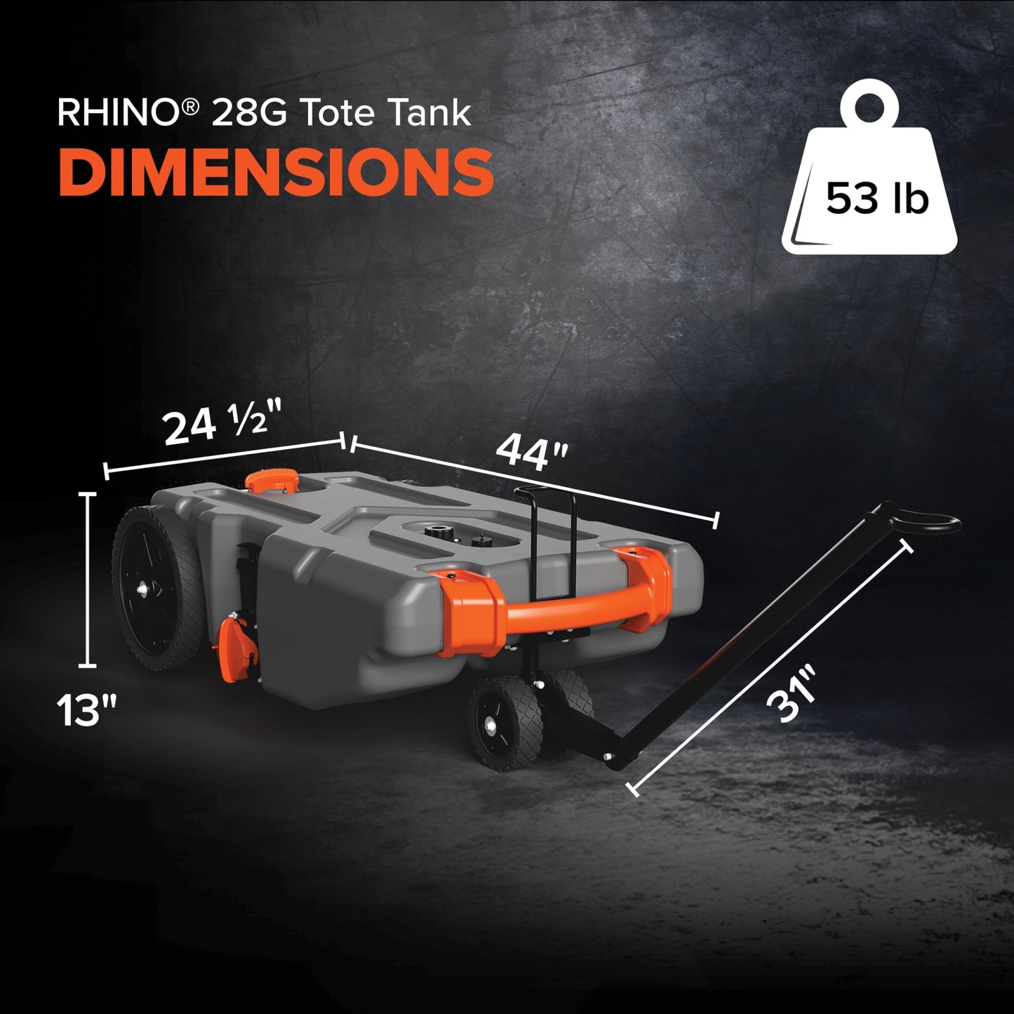 Camco Rhino 28-Gallon Portable RV Tote Tank - Features 2 Steerable No-Flat Front Wheels & Built-in Gate Valve - Includes Removable 24" Tow Bar, 3’ Sewer Hose & More RV Accessories (39005)