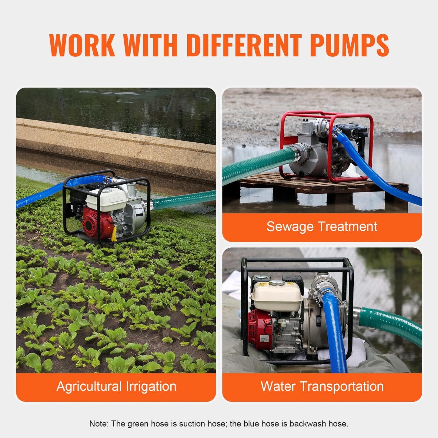 VEVOR Suction Hose Kit for Water Pump, with 2 in x 50 ft Blue Backwash Hose, 20 ft Green Suction Hose, and Steel Round Hole Strainer, Camlocks, Clamps, Cam & Groove Adapter, for Multiple Purposes