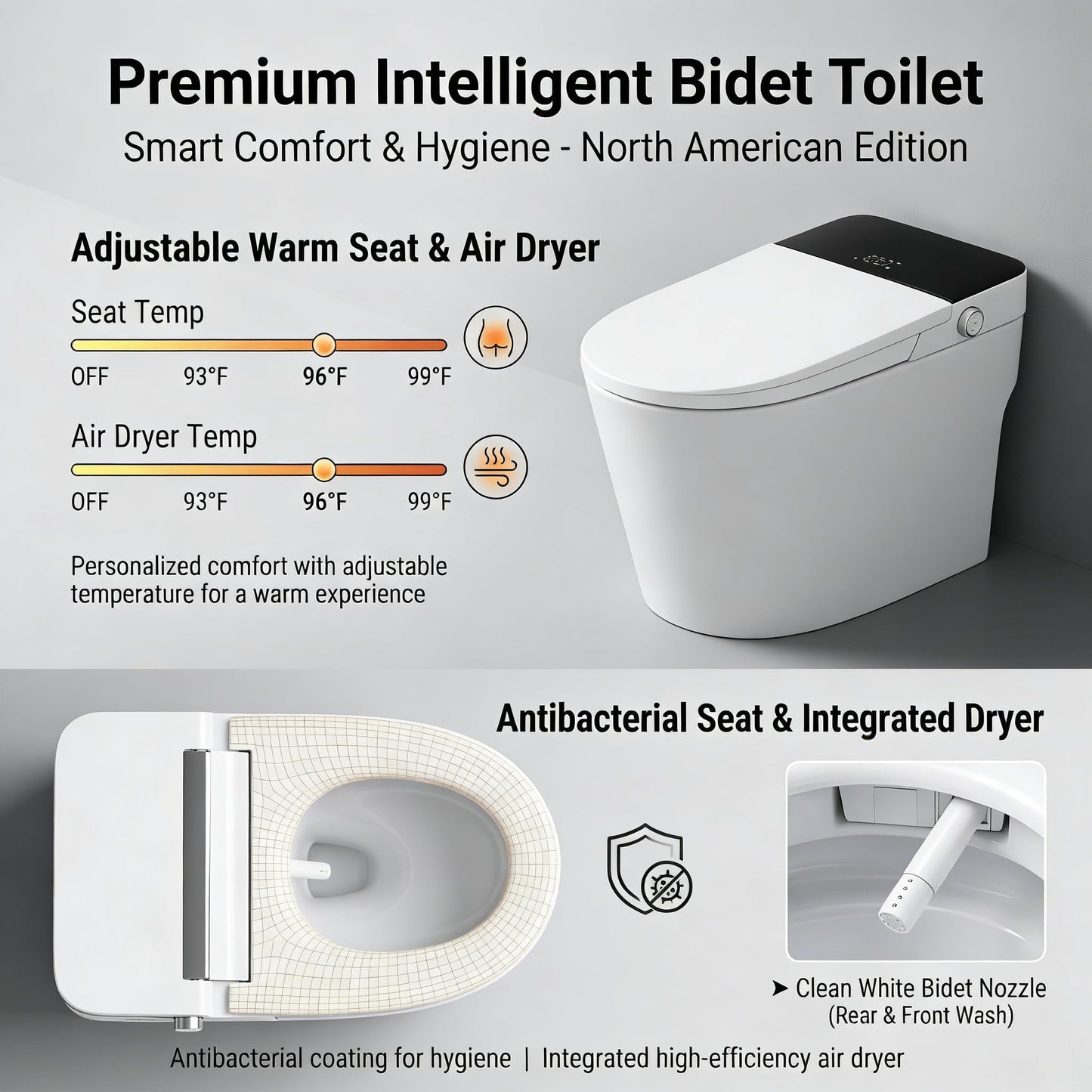 ADA Smart Toilet with Bidet, Auto Open Close Lid, Auto Flush, Heated Seat, Instant Warm Water Wash, Warm Air Dryer, Foot Sensor Flush, Low Pressure Tank Pump, Remote, Black Display