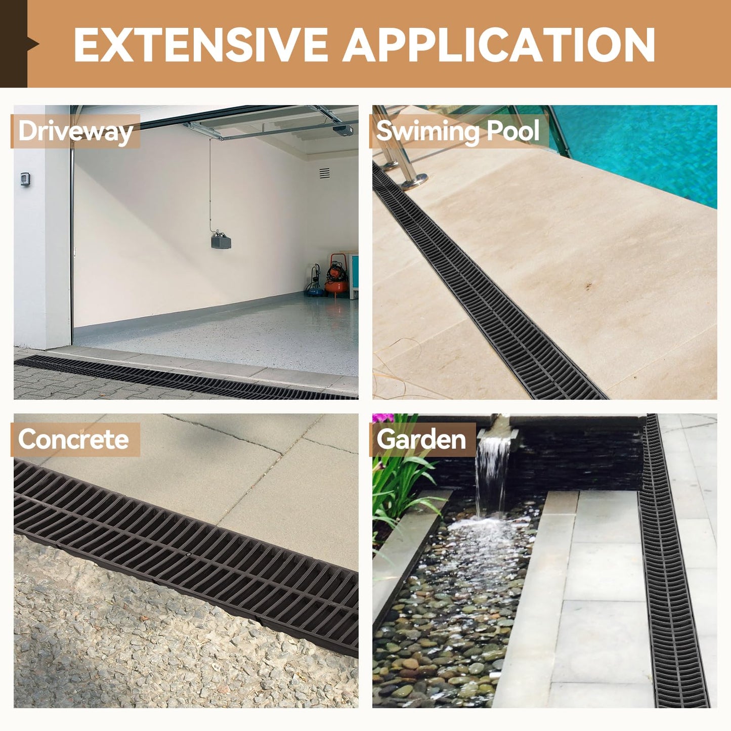 6 Pack Trench Drain System, Channel Drain with Plastic Grate, Driveway Drainage Channel Systems,Channel Drain Pipe Outdoor Trench Drainage System,5.9X5.1X39 Inch