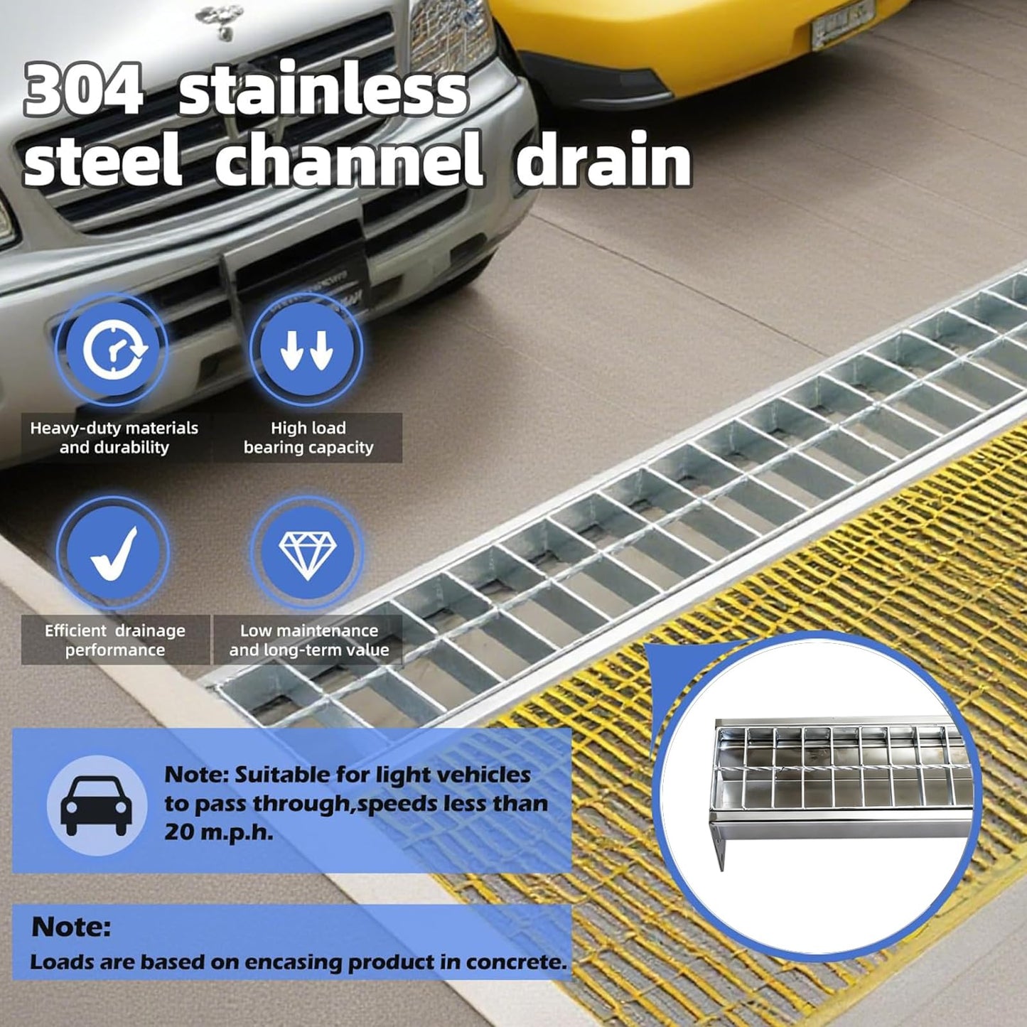 304 Stainless Steel Channel Drain with Galvanized Steel Drain Grate, 39.4×5.9×5.5in B-Class 28100 lbs Heavy-Duty Trench Drain System for 3”Pipe,Channel Drain Kit for Driveway,Outdoor,Yard,Garage Floor