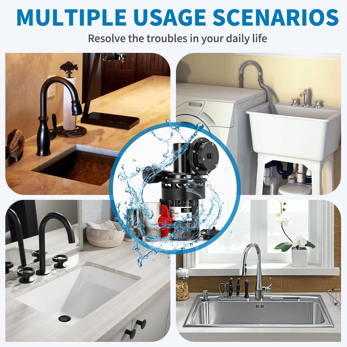 Automatic Utility Sink Drain Pump Directly Installed Under the Sink for Laundry & Basement, 1/3 HP Gravity Free Drainage Sink Pump with Drainage Filter Screen & Check Valve & Ball Valve