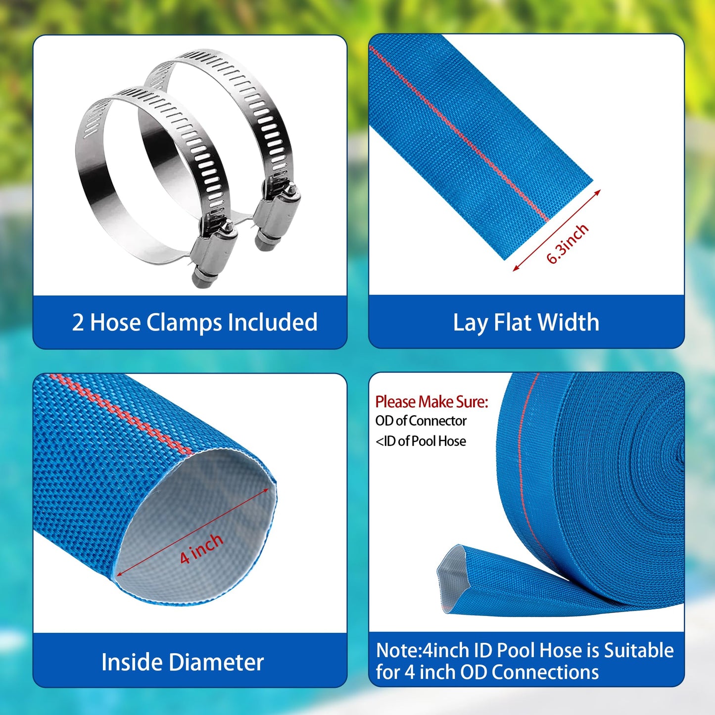 4" x 100ft Pool Backwash Hose Heavy Duty PVC Discharge Hose Lay-Flat Water Hose Fleaxible Reinforced Pump Drain Pipe for Water Transfer with 2 Clamps,Burst Resistant,No Leak