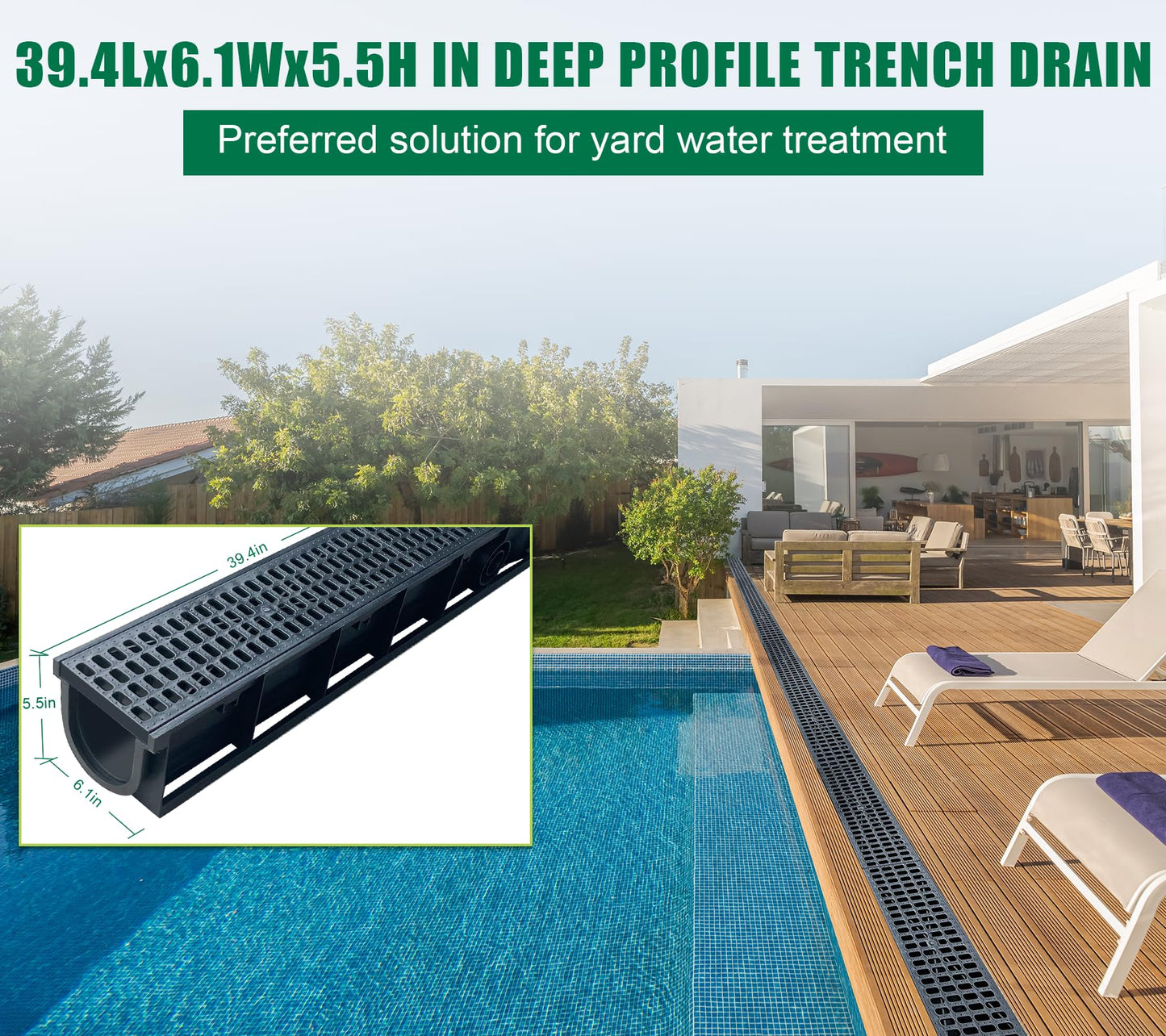 Natotela A15 Deep Profile HDPE Trench Drain-39.4Lx6.1Wx5.5H in. Channel Drain with Grates,6 Pack Total Length 236.22 in, Plastic Yard Drainage System for Outdoor,Yard Fence,Pool,Sidewalk,Patio