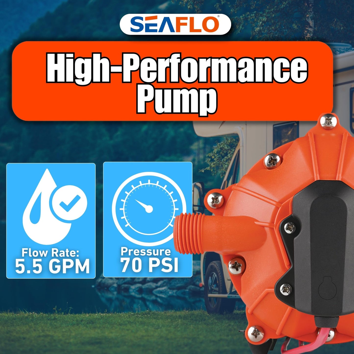 SEAFLO 55-Series Washdown Pump Kit - 12V DC, 5.5 GPM, 70 PSI, Self-Priming, Coiled Hose, Spray Nozzle, High Flow for RV, Boat, Off-Grid, Freshwater, and Saltwater Applications 4-Year Warranty