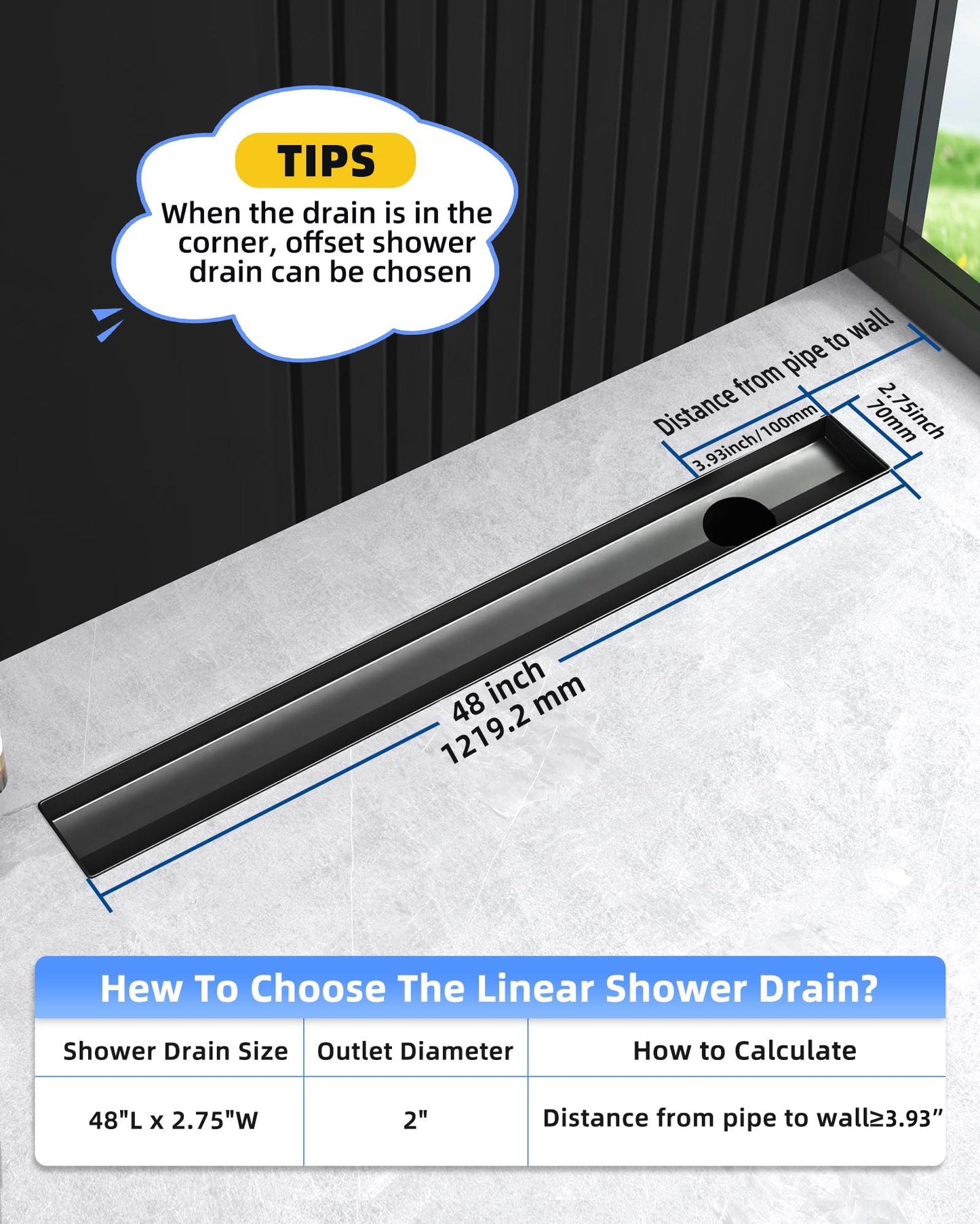 HTOH Shower Drain Offset Outlet for Bathroom: 48-Inch Black Linear Shower Drain with Removable Grate - Modern 304 Stainless Steel Shower Floor Drain Side Outlet with Hair Catcher, Adjustable Feet