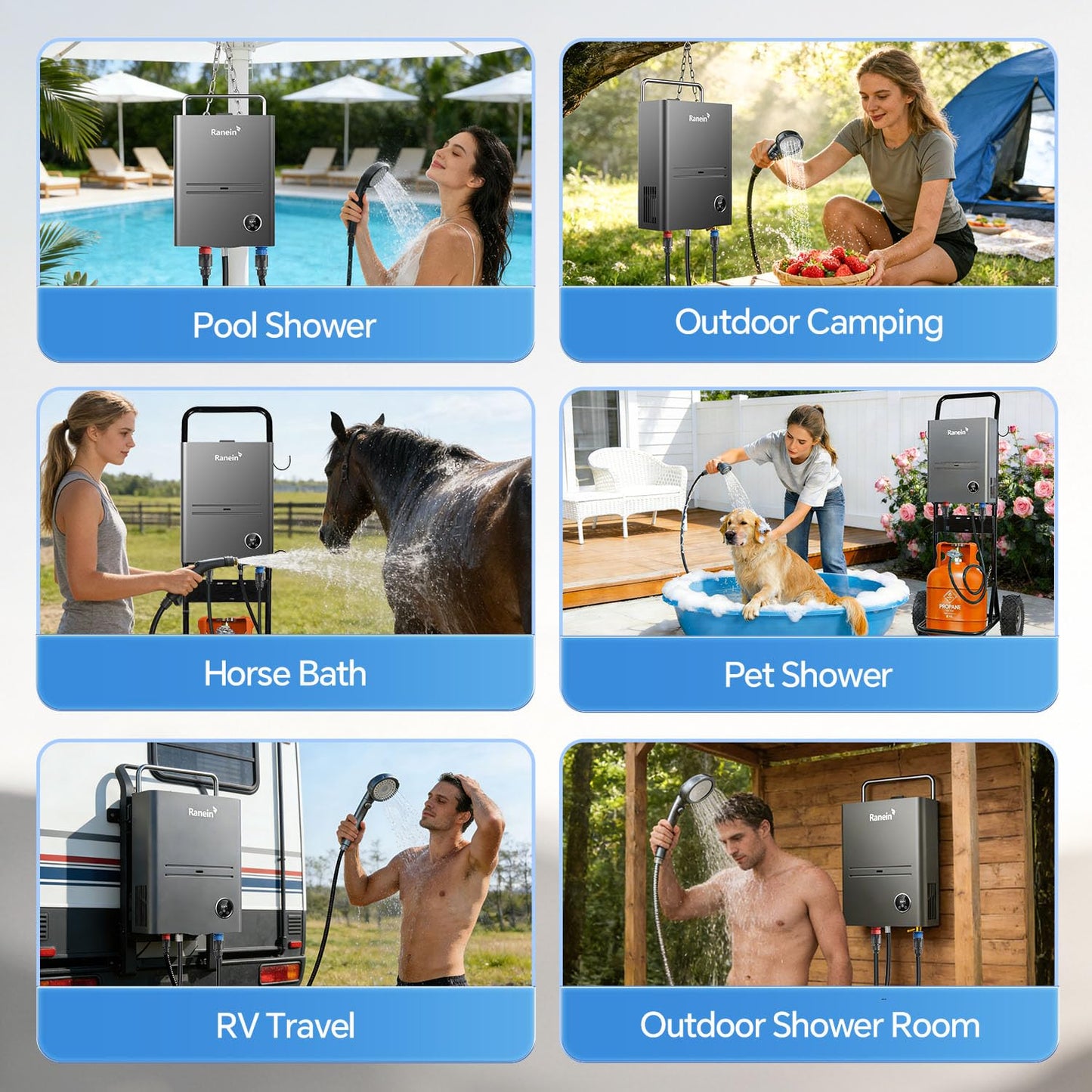 Ranein Portable Propane Tankless Water Heater 34,000 BTU 1.32 GPM with Thermostatic Control and Chain for Camping RV Outdoor Shower