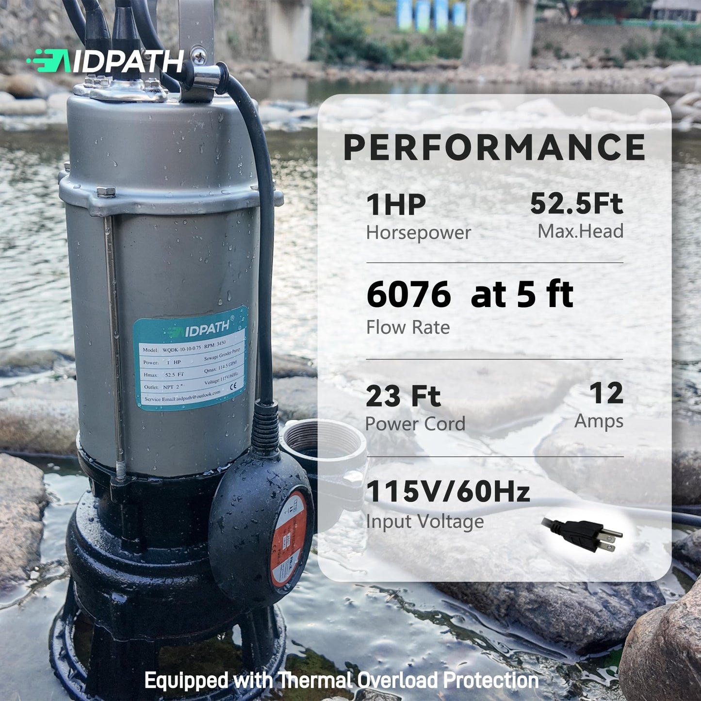 AIDPATH 1HP Submersible Sewage Grinder Pump, Stainless Steel Housing, 2" NPT Discharge - For 30"+ Deep Sewage Basins, Septic Tanks, 52.5ft Head 6076GPH Max Flow, 115V