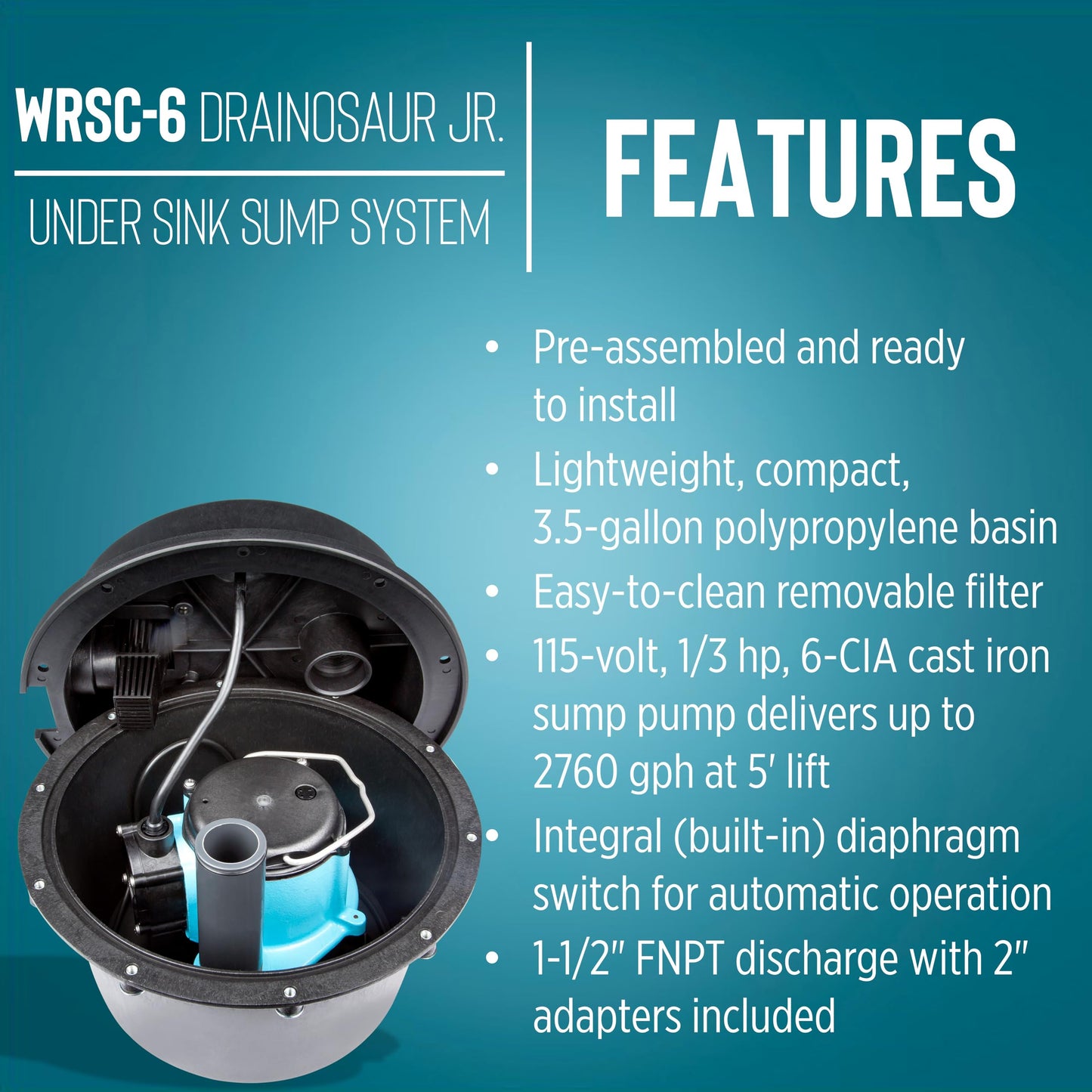 Little Giant WRSC-6 115-Volt, 1/3 HP, 2760 GPH Compact Under Sink Drainosaur Automatic Sump Pump/Basin System with 10-Ft. Cord, Black/Blue, 506065