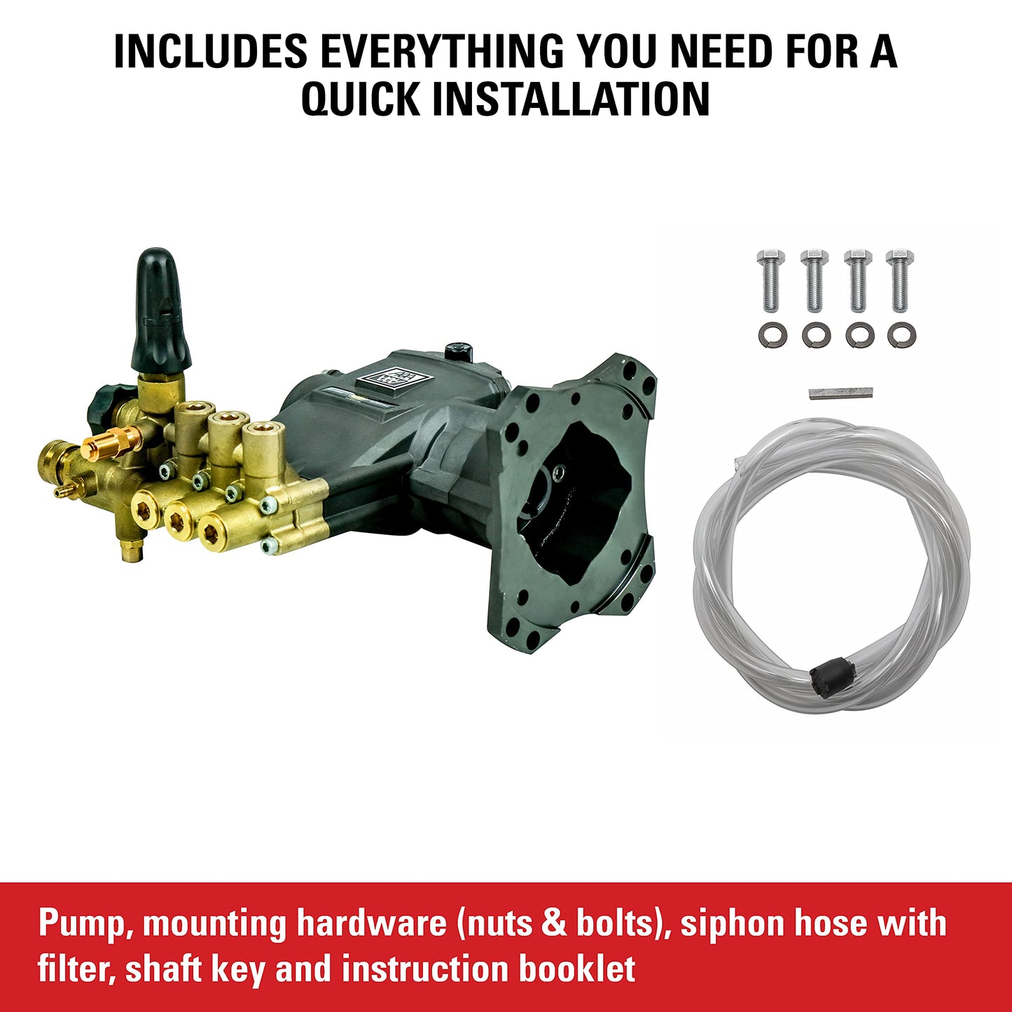AAA 90034 Horizontal Triplex Plunger Replacement Pressure Washer Pump Kit, 4400 PSI, 4.0 GPM, 1" Shaft, Includes Hardware and Siphon Tube, for Industrial Gas Powered Machines, Black