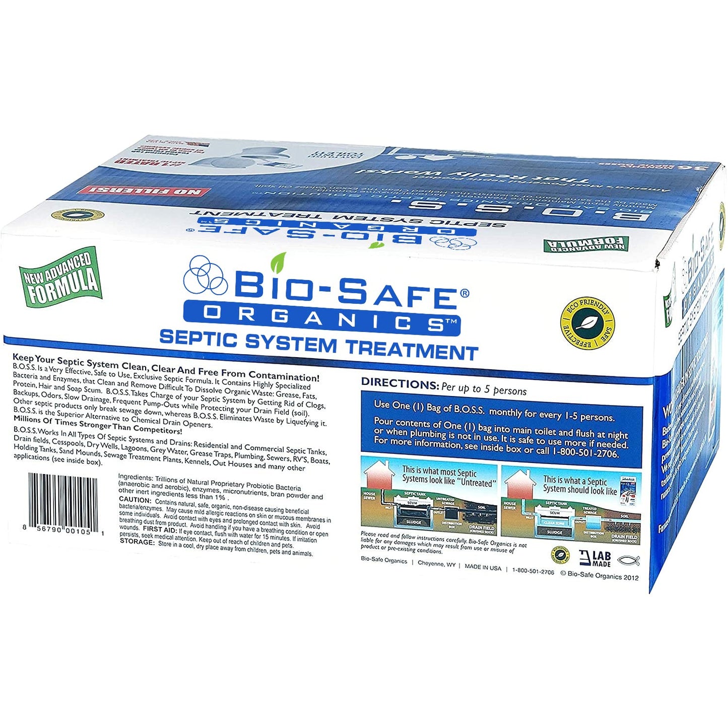 Bio-Safe Organics B.O.S.S - Septic Tank Treatment - 36 Monthly Doses - Septic Cleaner - Drain Cleaner - Drain Clog Remover - Unclog Toilet Septic Maintenance - Exxon Valdez Patented 100% Guaranteed