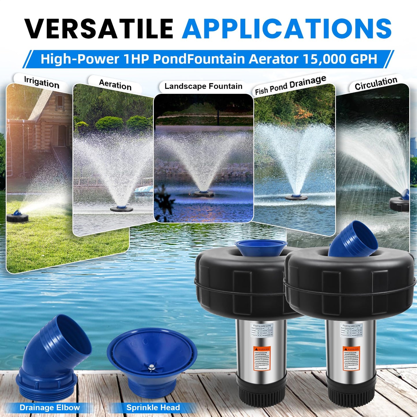 15000 GPH Pond Fountain Aerator-110V Fully Automatic 750W (1HP) Fountain and Pond Aerator. Pond Fountain with 100 ft Power Cord. (Stainless Steel)