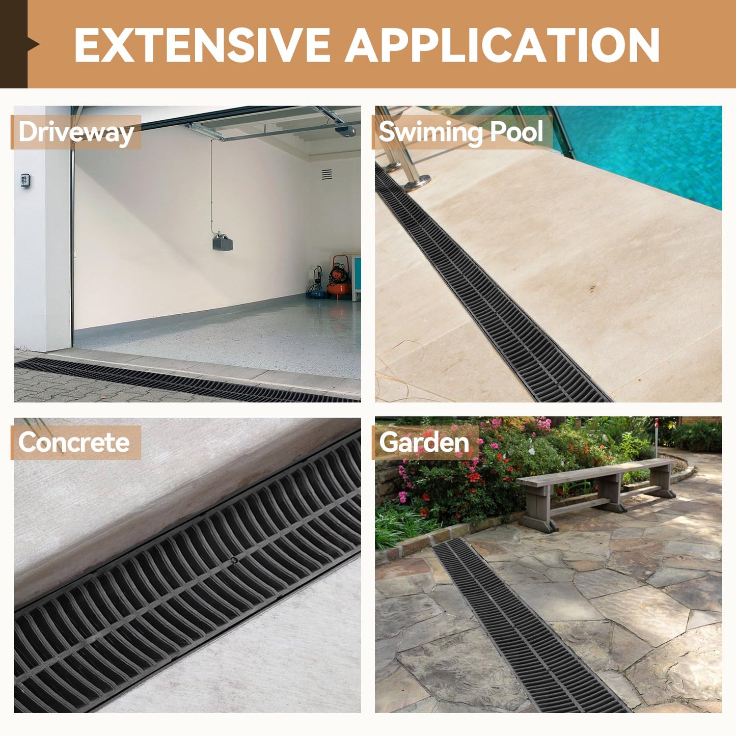 FAHKNS 6 Pack Trench Drain System, 5.9x5.1x39 Inch HDPE Drainage Trench,Black Driveway Trench Drain, Drainage Channel for Vehicle Passages, Patios, Garden Paths,Pool