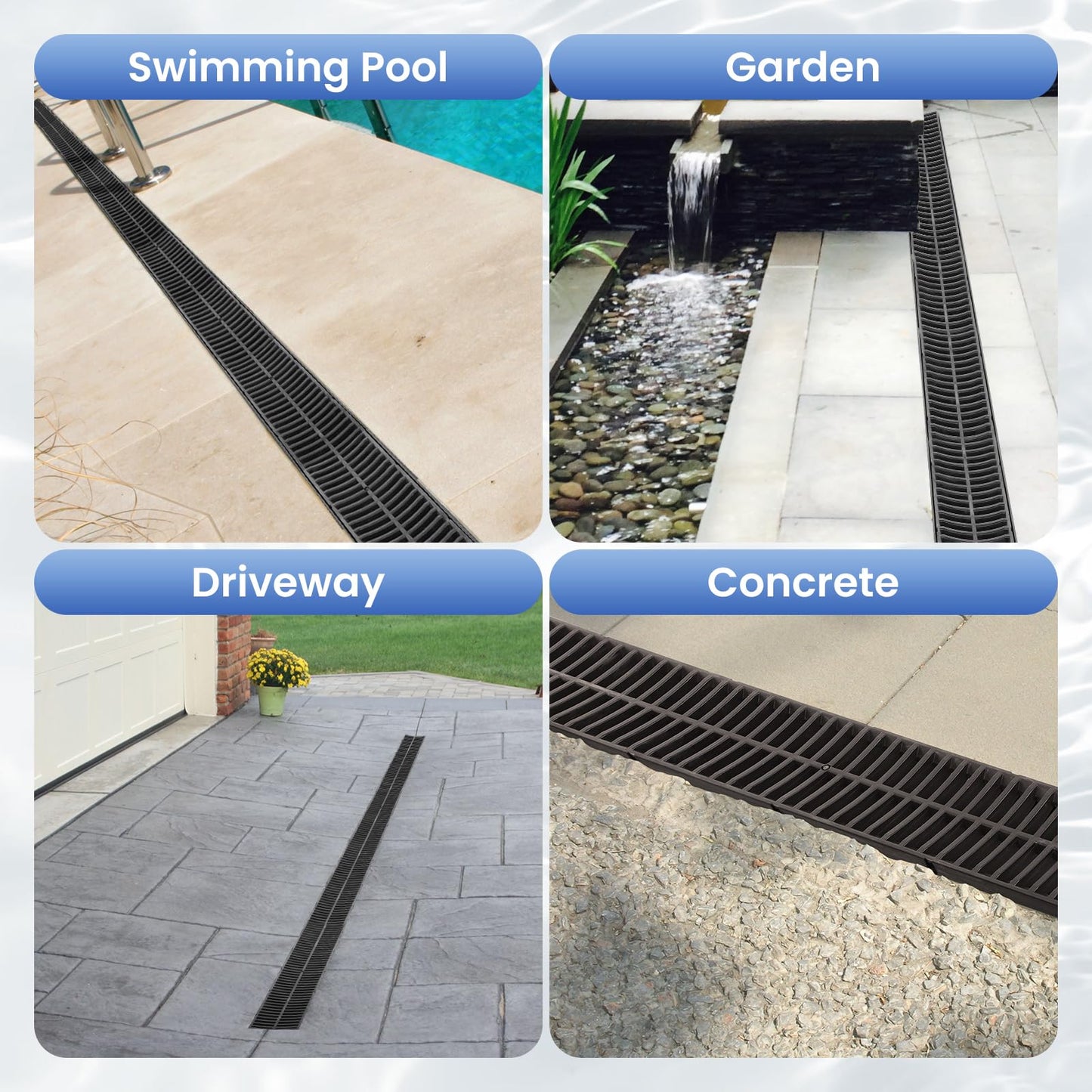 Trench Drain System with Plastic Grate, 6 Pack 5.9x5.1 Inch HDPE Channel Drain, Outdoor Trench Drainage for Driveway, Swiming Pool, Garden, Effortless Installation, Black