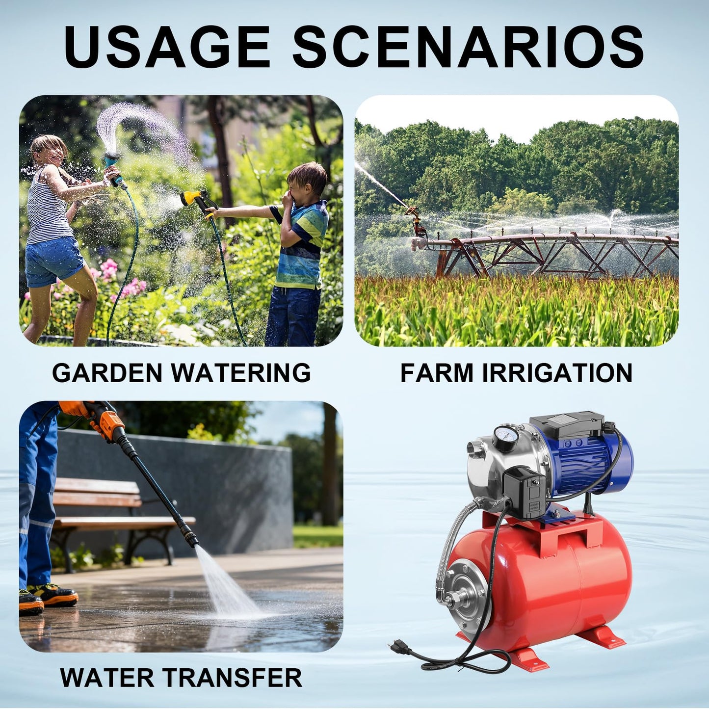 Rioflybee 1.5 HP Shallow Well Pump with Pressure Tank, 1320 GPH 115V Water Transfer Household Draining Irrigation Pumps, Automatic Water Booster Jet Pump Garden Pump for Home Garden Lawn Farm